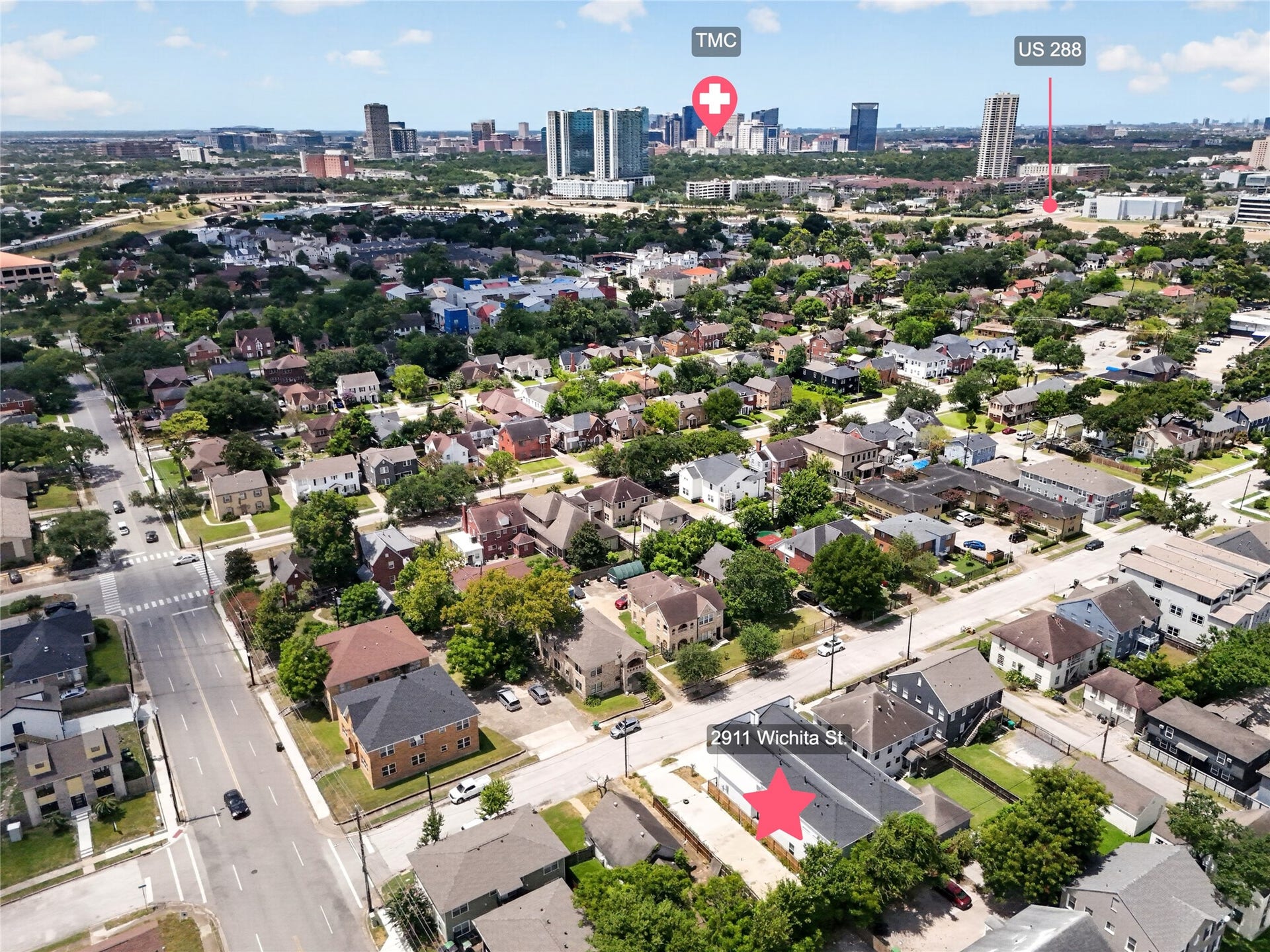 2911 Wichita Street, Houston, TX 77004 An aerial view from the home with the Texas Medical Center in the surrounding Houston landscape.
