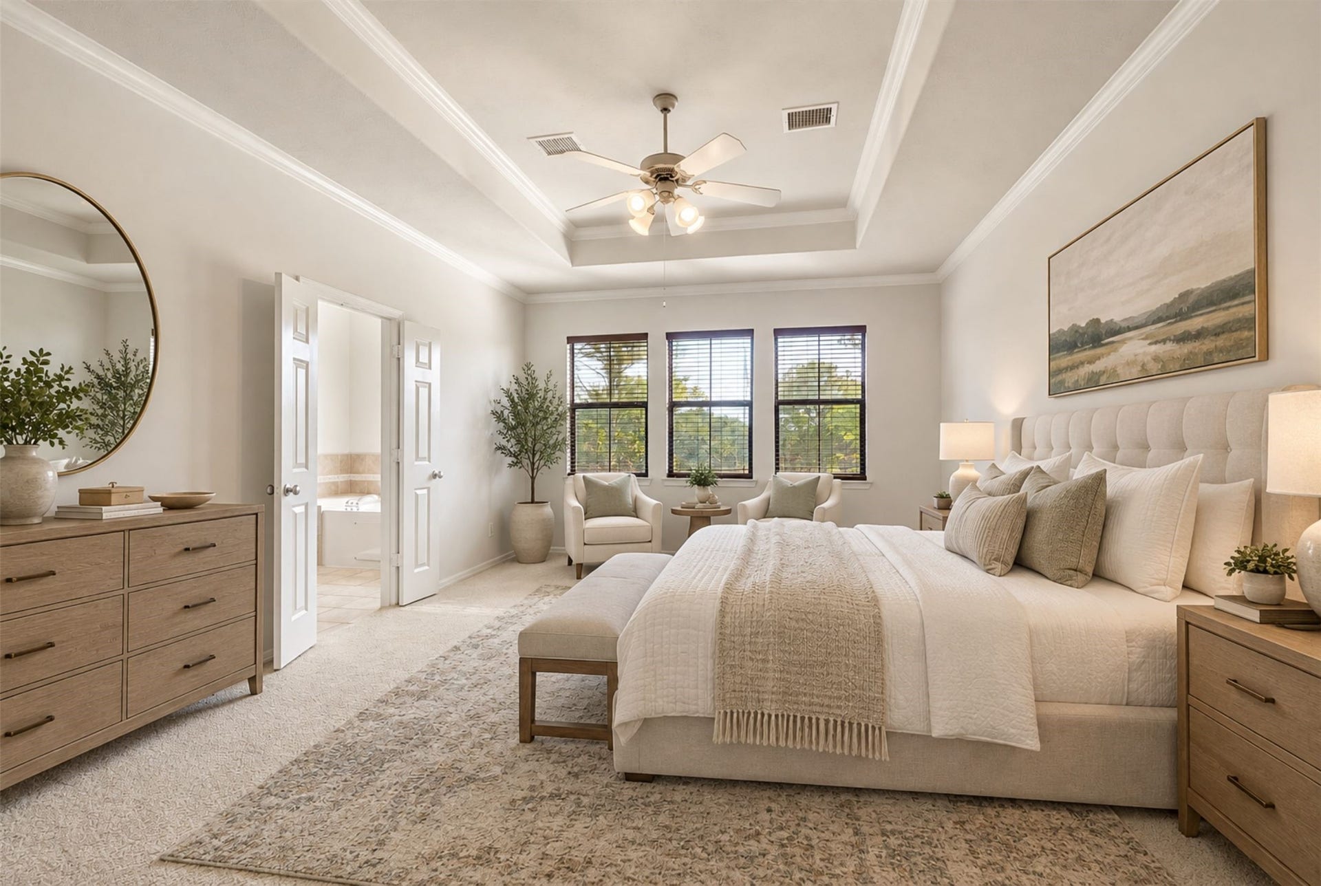 2919 Royal Oaks Crest, Houston, TX 77082 Experience serene luxury in this primary bedroom, featuring a spacious layout with elegant tray ceilings and abundant natural light that create a tranquil retreat. (Virtual Staging)
