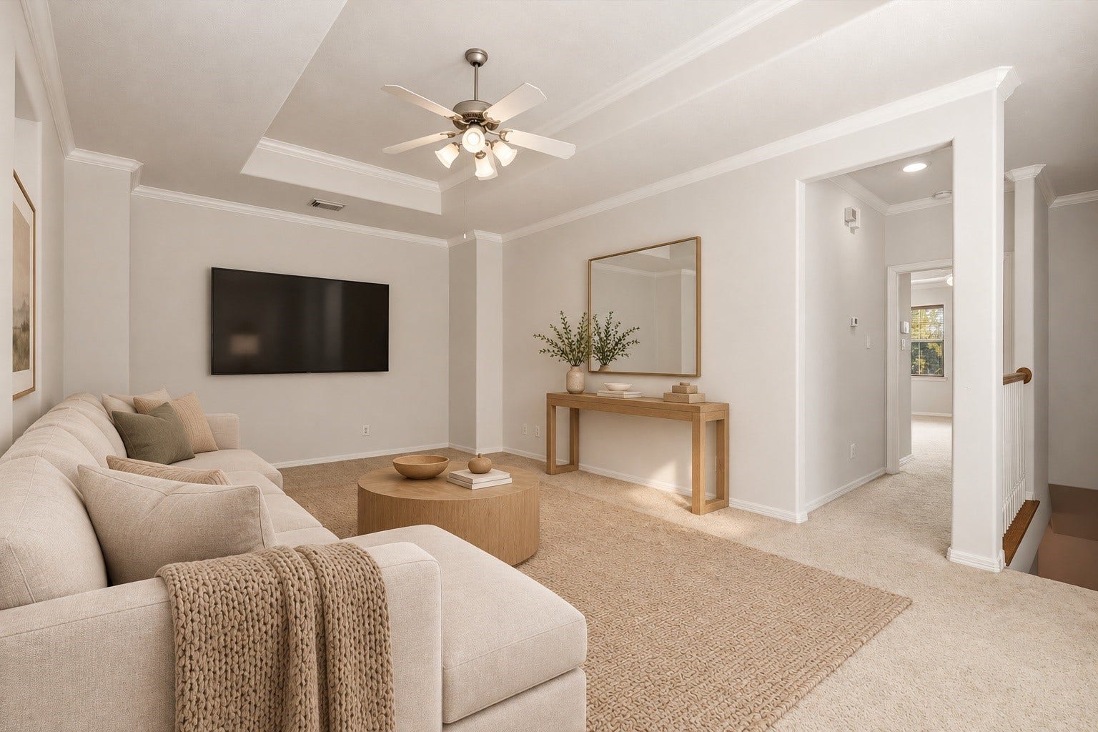 2919 Royal Oaks Crest, Houston, TX 77082 Spacious room with plush carpeting, tray ceiling, and ceiling fan, offering a bright and airy ambiance perfect for relaxation. (Virtual Staging)