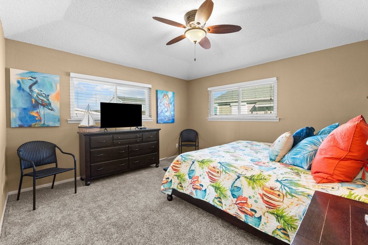 2406 Avenue P, San Leon, TX 77539 This cozy bedroom features a ceiling fan, large windows for natural light, and carpeted flooring creating a bright and inviting space.