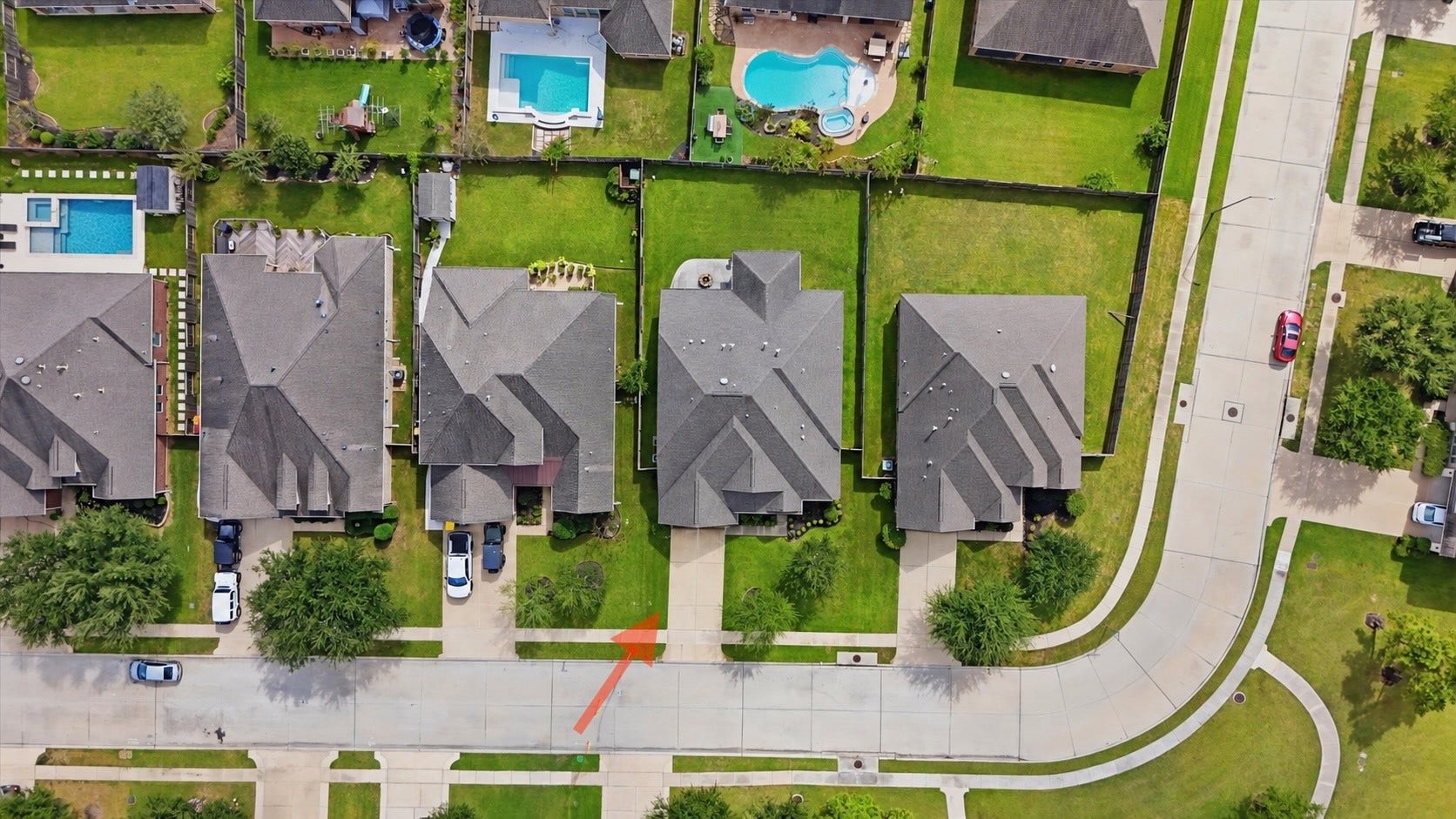 An overhead perspective shows the homes footprint, backyard layout and setting along Panorama View Lane.