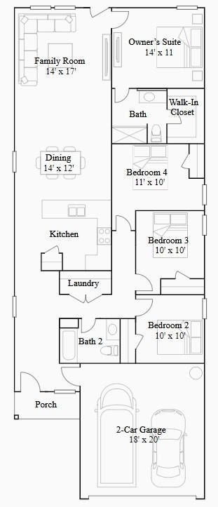 3096 Sunset Glory Drive, Katy, TX 77493 This floor plan features a single-story layout with a porch entry leading to a spacious family room and dining area. The kitchen is centrally located, adjacent to a laundry room. The owner's suite includes a walk-in closet and private bath. There are three additional bedrooms and a second bathroom. A 2-car garage is accessible from the front.