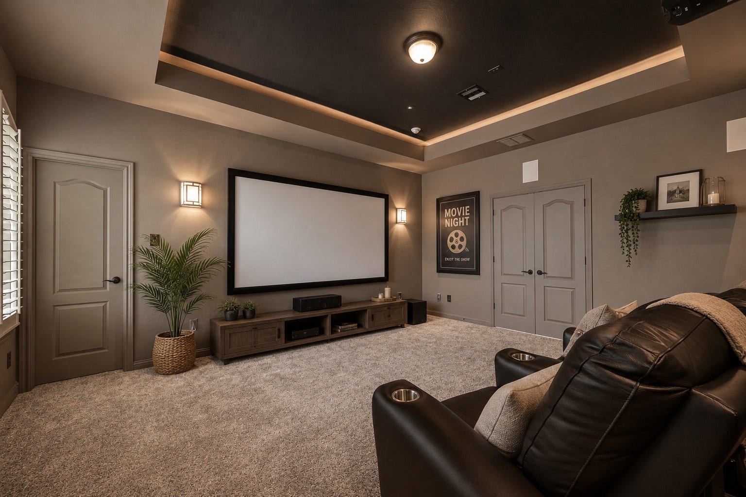 27411 Manor Falls Lane, Fulshear, TX 77441 The dedicated media room is designed for entertainment and relaxation, featuring a dark tray ceiling with ambient LED accent lighting and wall sconces that create a theater like atmosphere. Plush carpeting adds comfort, while plantation shutters and double door closets provide both light control and storage. This versatile space is perfect for movie nights or gaming sessions with loved ones. Please note, this photo has been virtually staged.
