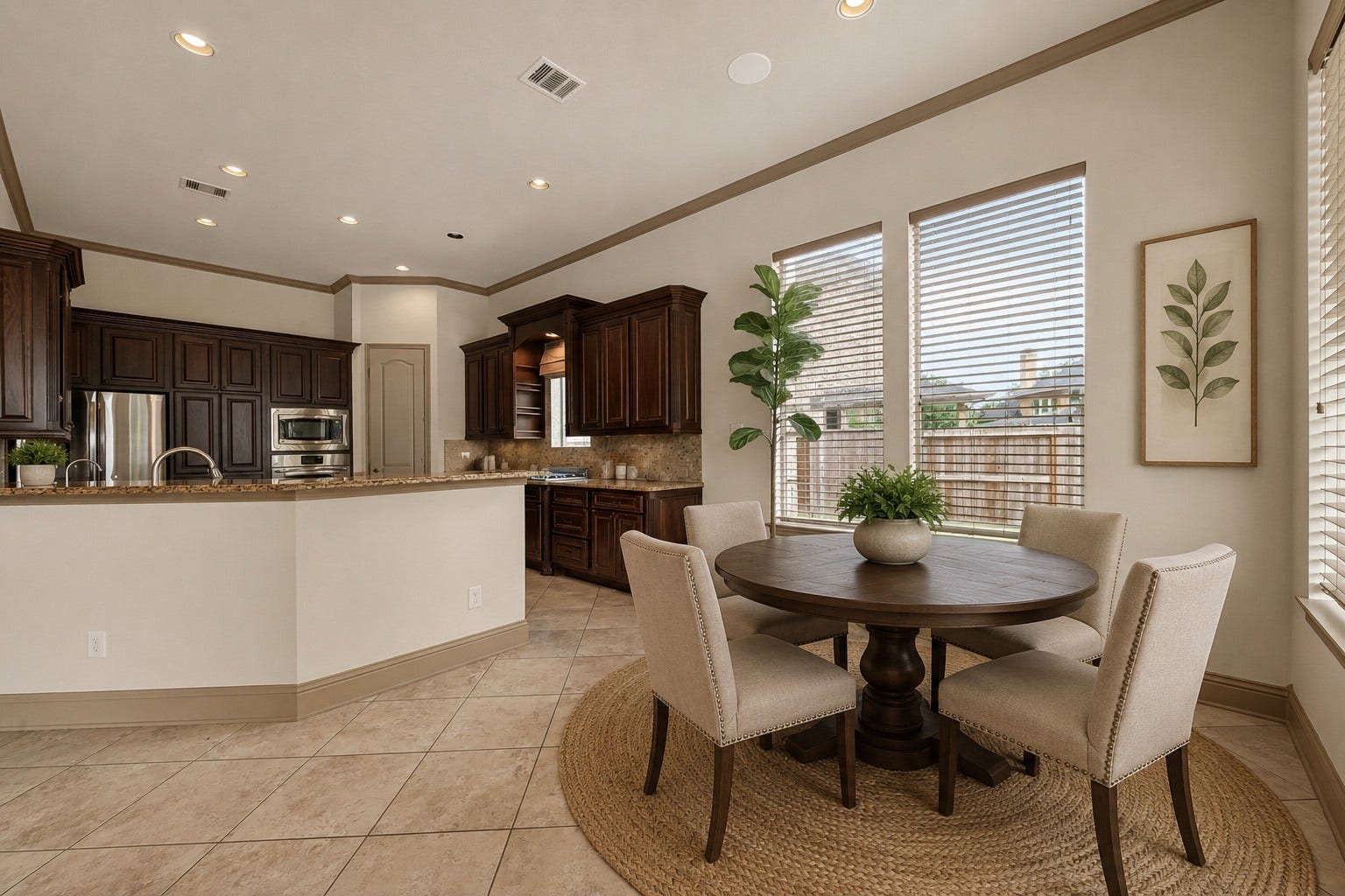 27411 Manor Falls Lane, Fulshear, TX 77441 Situated just off the kitchen, the breakfast area is bathed in natural light from large windows overlooking the backyard. This bright and inviting nook is perfect for enjoying casual meals while staying connected with the heart of the home. Please note, this photo has been virtually staged.