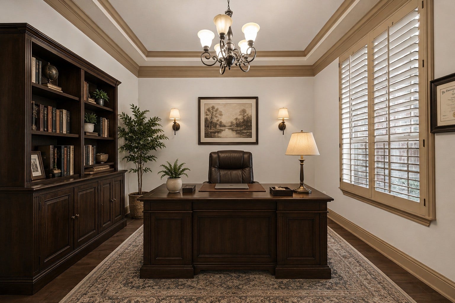 27411 Manor Falls Lane, Fulshear, TX 77441 From this angle, the home office reveals its generous proportions and thoughtful design. Plantation shutters on the window allow you to control natural light throughout the day, while wall sconces add ambient lighting for a warm and polished atmosphere. The tray ceiling with crown molding continues the home's elevated architectural details. Whether you envision this space as a professional office, a study, or a creative retreat, it offers the flexibility and comfort to suit your needs. Virtually staged