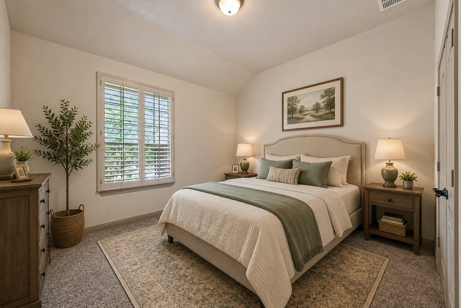 27411 Manor Falls Lane, Fulshear, TX 77441 A cozy secondary bedroom with plantation shutters that filter in natural light and views of the lush greenery outside. Plush carpeting adds warmth underfoot, and the neutral tones offer a blank canvas for personalization. Please note, this photo has been virtually staged.