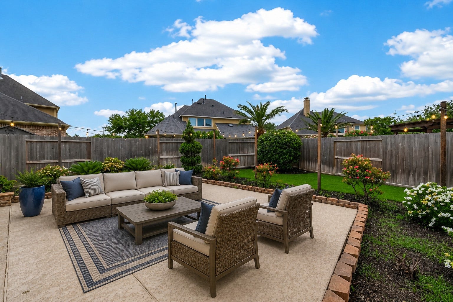 27411 Manor Falls Lane, Fulshear, TX 77441 he beautifully landscaped backyard features a paved patio area with string lights, creating an inviting atmosphere for outdoor entertaining. Brick bordered flower beds are filled with blooming plants and tropical greenery, while a lush grassy area adds charm. The fully fenced yard offers privacy and security, making it perfect for gatherings with loved ones.