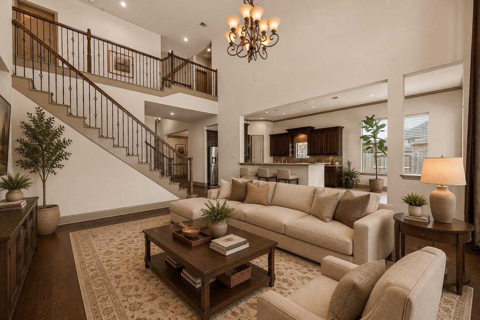 27411 Manor Falls Lane, Fulshear, TX 77441 This perspective showcases the heart of the home, where the living room opens to the kitchen featuring rich wood cabinetry, a stone backsplash, and a breakfast bar. The elegant staircase with decorative wrought iron balusters gracefully leads to the second level and an open loft overlooking the living area. Soaring ceilings, a chandelier, and hardwood flooring create a space that is both inviting and functional. Please note, this photo has been virtually staged.