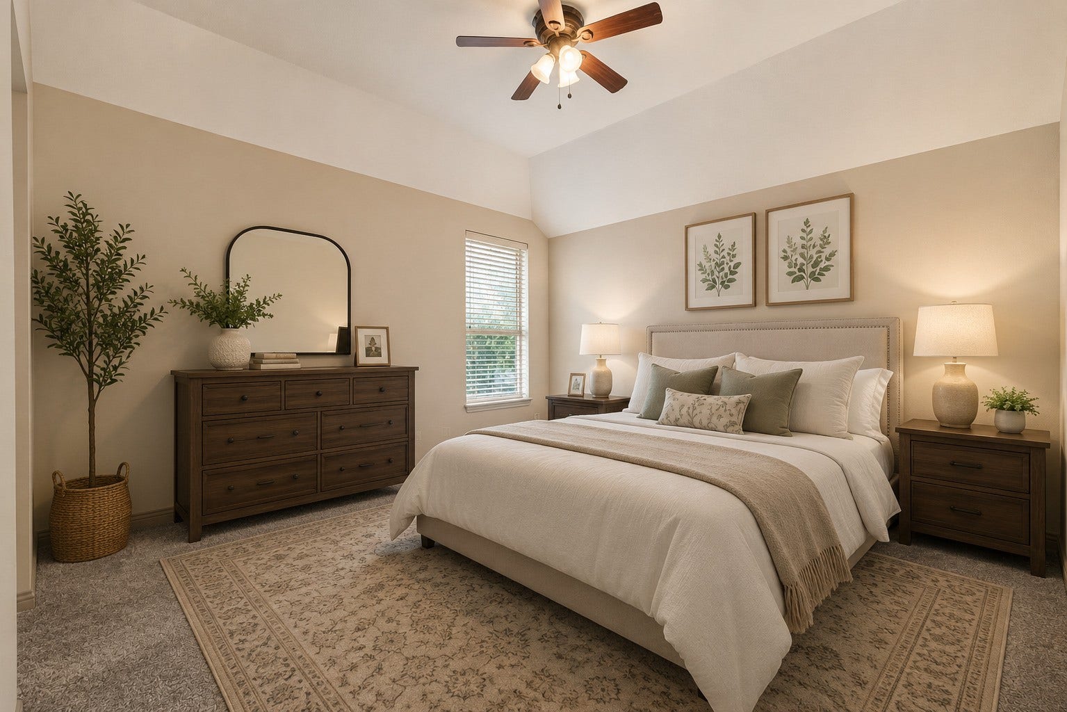 27411 Manor Falls Lane, Fulshear, TX 77441 This well sized secondary bedroom features a vaulted ceiling, a ceiling fan for comfort, and plush carpeting throughout. Natural light streams in through the window, creating a bright and relaxing space ideal for rest or as a home office. Please note, this photo has been virtually staged.