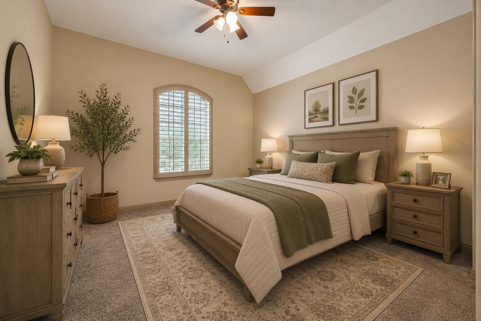 27411 Manor Falls Lane, Fulshear, TX 77441 This spacious secondary bedroom features a vaulted ceiling, a ceiling fan, and plush carpeting for comfort. An arched window with plantation shutters allows natural light to fill the room while offering privacy. The warm neutral palette provides a serene retreat. Please note, this photo has been virtually staged.