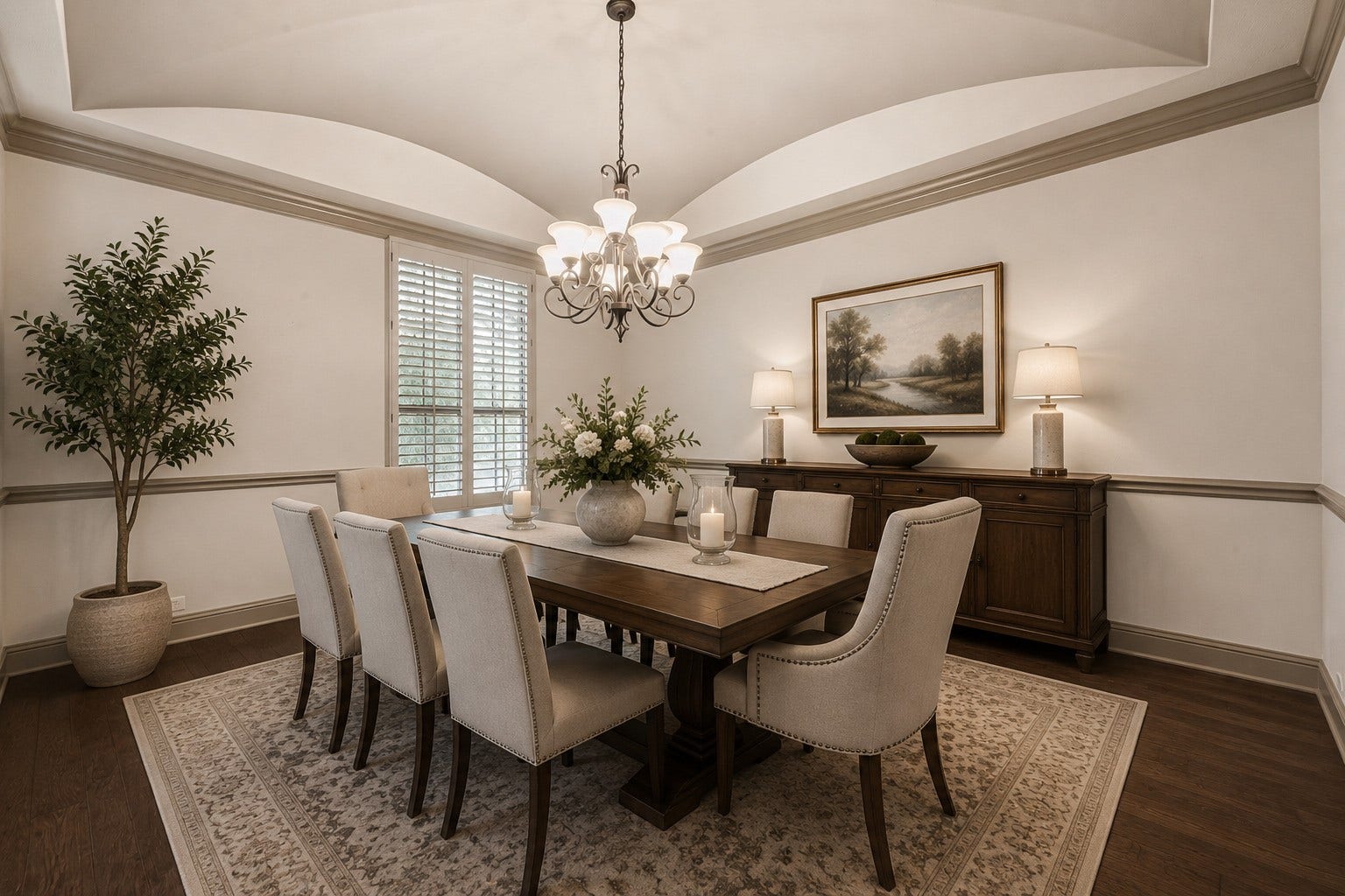 27411 Manor Falls Lane, Fulshear, TX 77441 This elegant formal dining room features a stunning tray ceiling with crown molding and a chandelier that casts a warm, inviting glow over the space. Hardwood flooring adds richness and sophistication, while plantation shutters filter in natural light. The room is spacious enough to accommodate a full-size dining table with seating for eight, making it the perfect setting for intimate dinners or memorable gatherings with loved ones. Please note, this photo has been virtually staged.