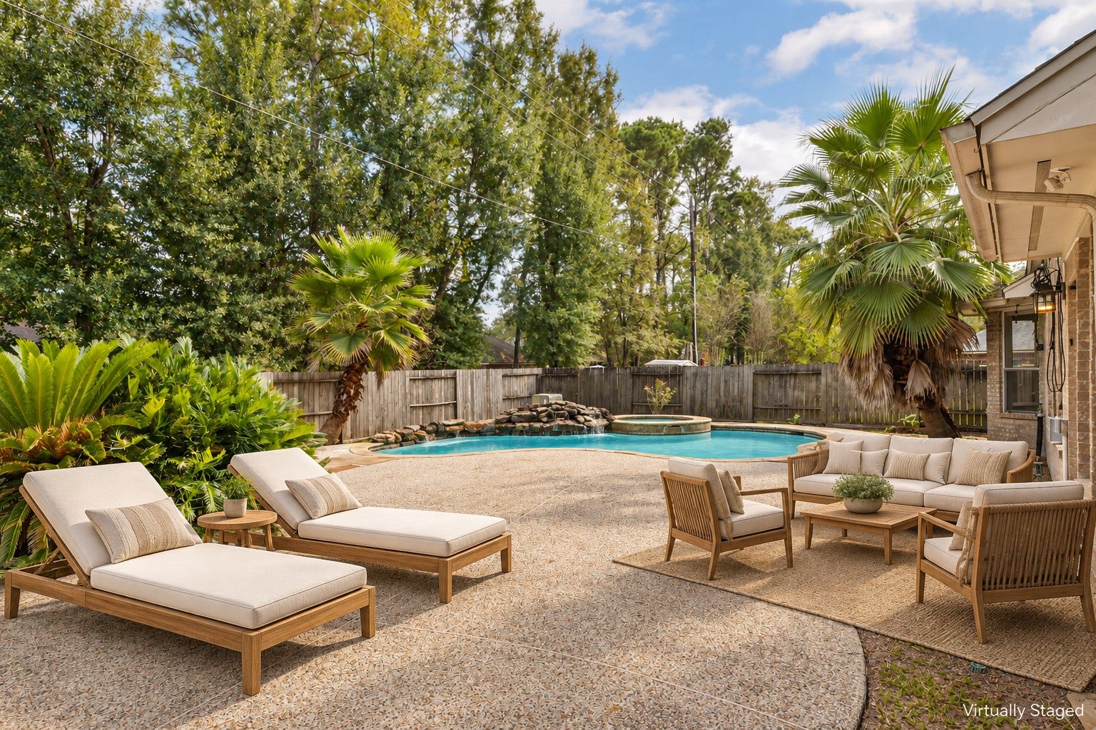 Virtually staged  Imagine sunny afternoons by the pool and relaxed conversations on the patio. A broad deck offers space for lounging and gathering, while palms, a raised spa, and rock accents bring a vacation feel close to home.