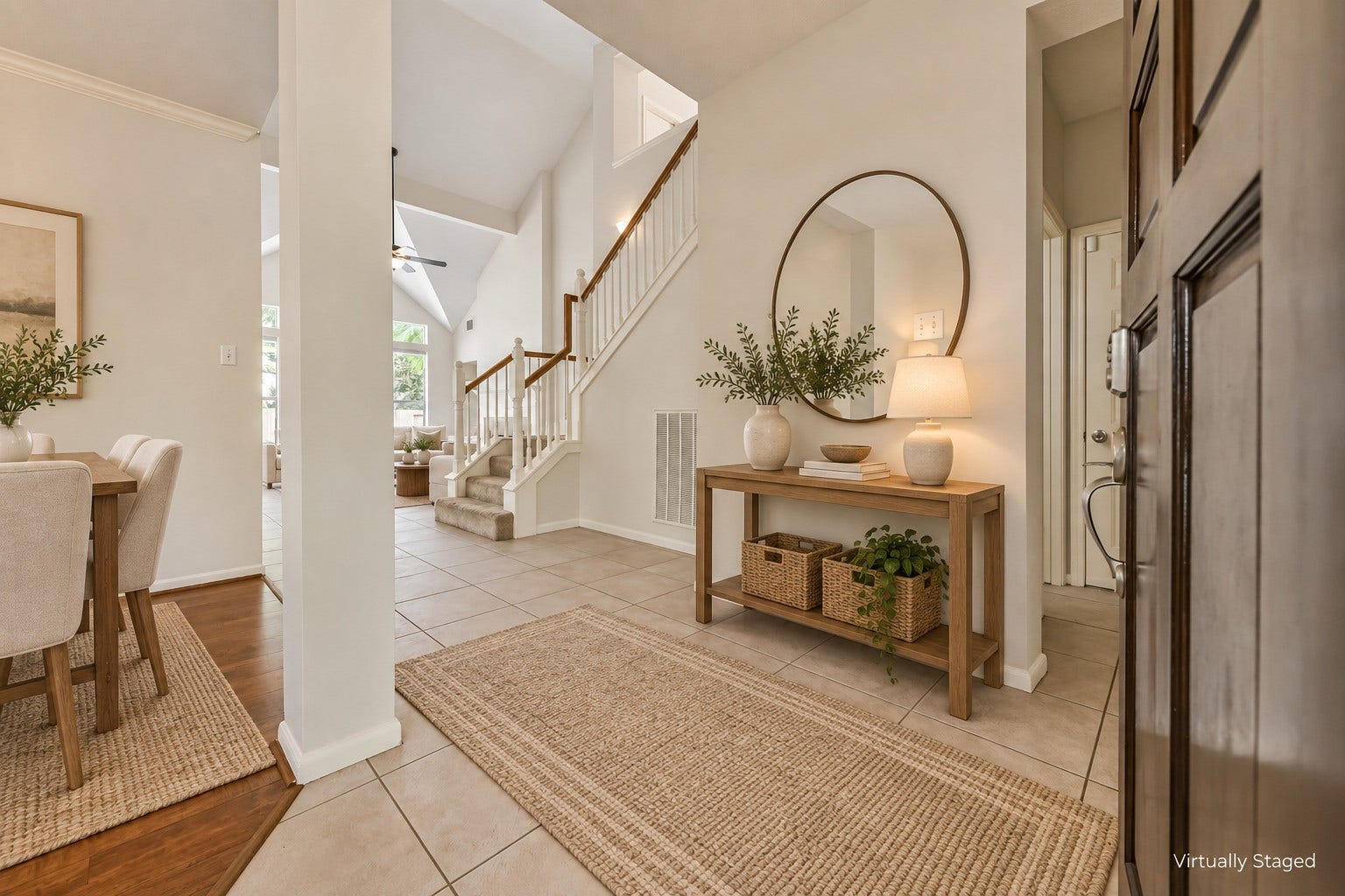 Virtually staged  A welcoming entry offers a place to set down your keys and settle in, with an easy connection to the living spaces beyond.