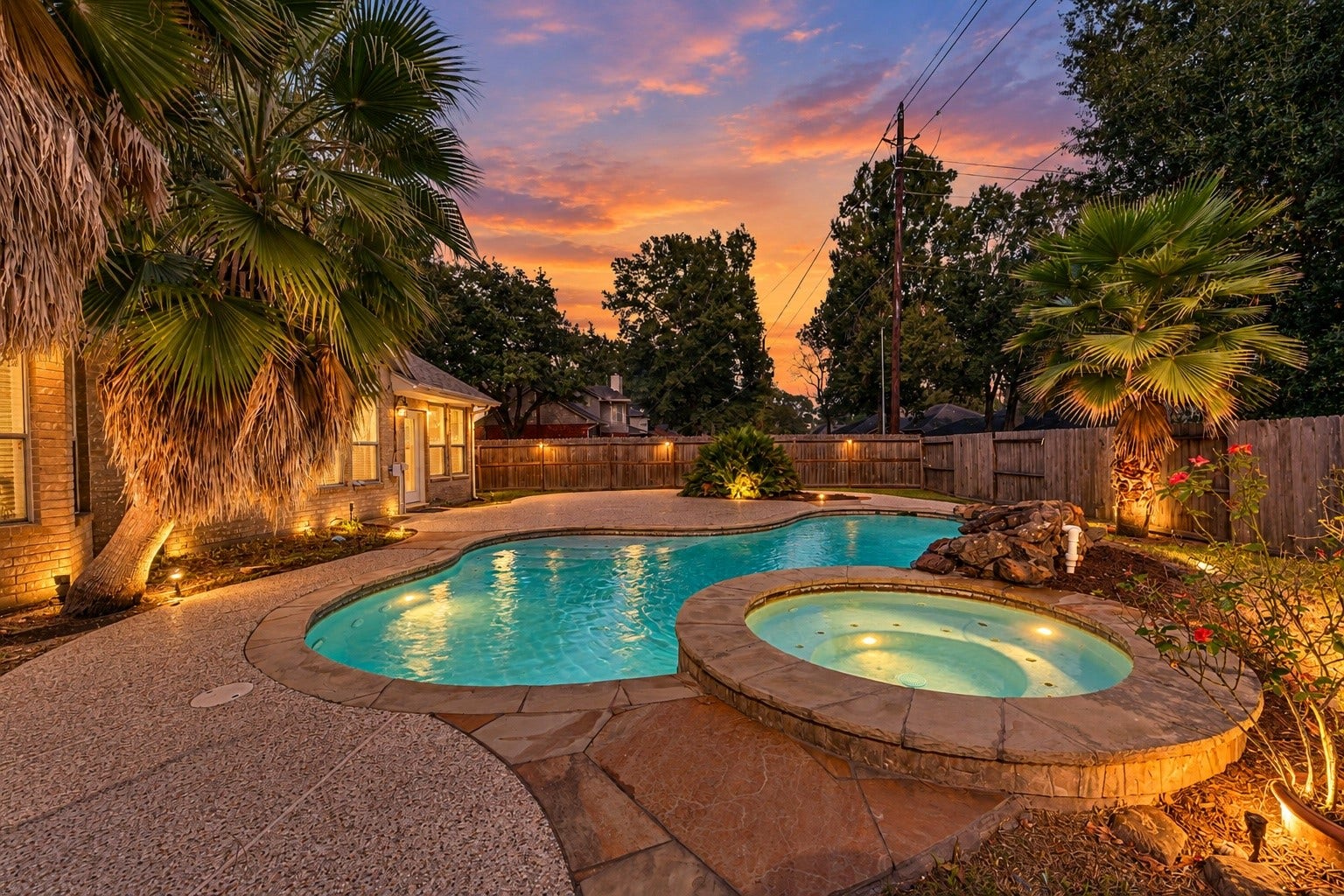 Virtually rendered (new pool lights do exist). Your own backyard oasis! Enjoy relaxing evenings by the sparkling pool, complete with a rock waterfall, spa, and expansive patio perfect for entertaining under the stars.