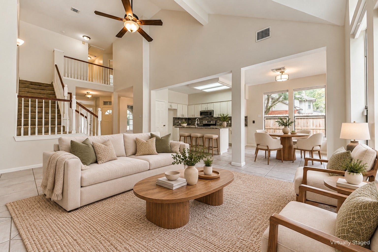 Virtually staged  Gather around the fireplace or unwind with a favorite book. Tall ceilings create an airy feel, while built-in shelving offers room for books, keepsakes, and personal touches.