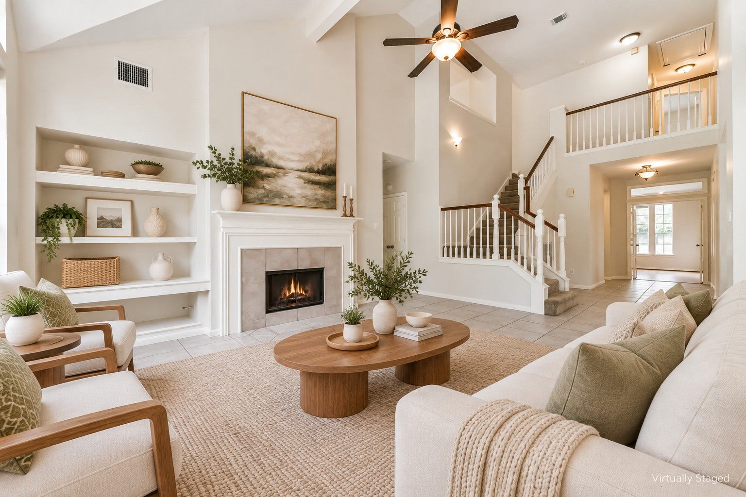 Picture relaxed evenings by the fireplace and morning coffee overlooking the pool. Soaring ceilings and tall windows give this living room an airy feel, while built-in shelving adds space for your favorite books and personal touches. Virtually staged to illustrate furniture placement.
