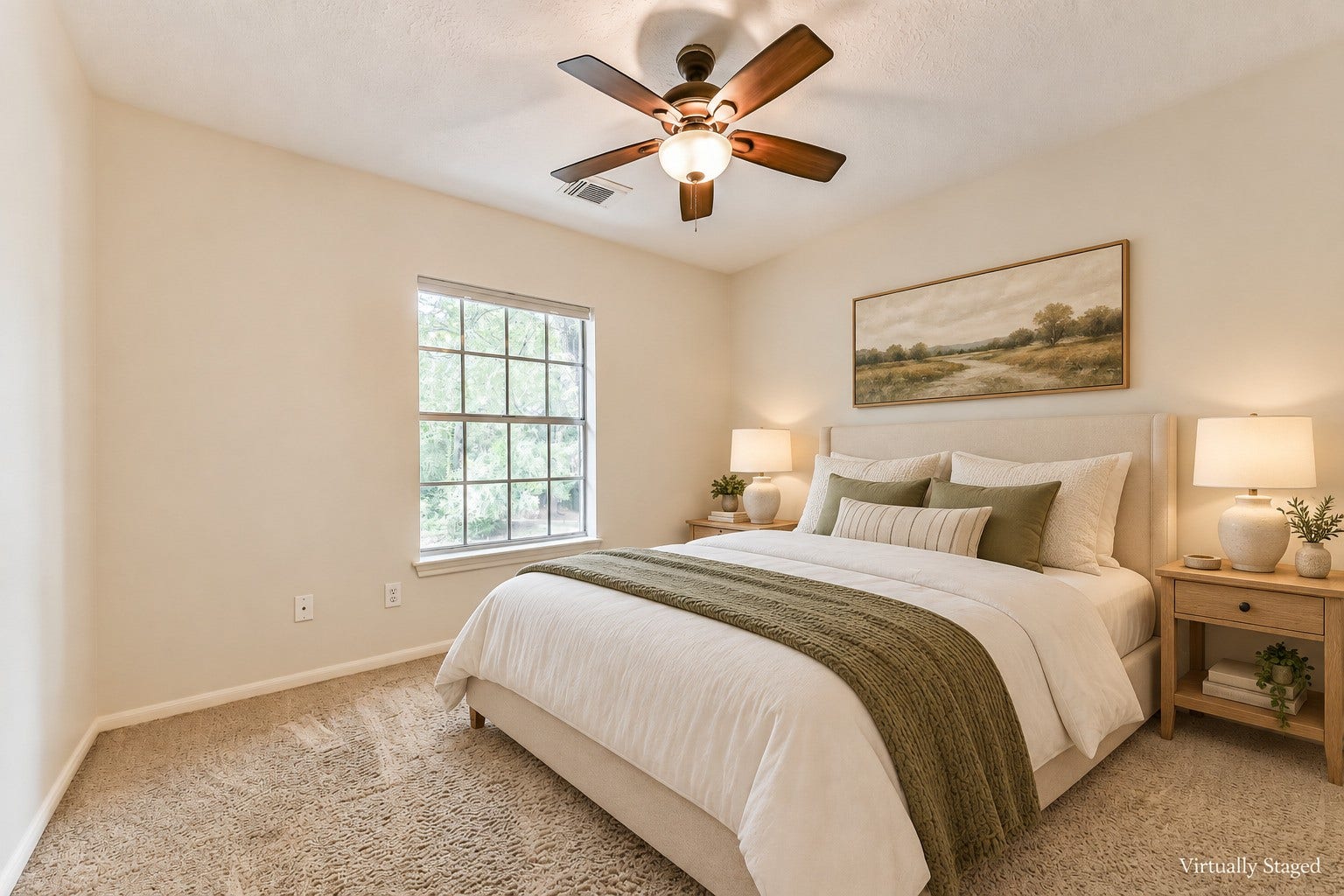 Virtually staged  Settle into a comfortable retreat with natural light and leafy window views. Neutral finishes offer a versatile backdrop for your own style, whether furnishing an everyday bedroom or welcoming overnight guests.
