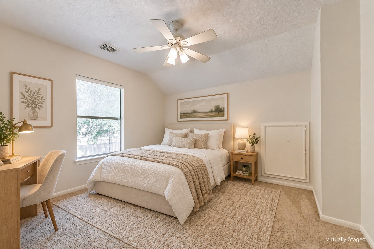 Virtually staged  Create a restful space with room for a bedside book and a comfortable reading chair. Natural light and a simple, versatile layout make this bedroom easy to personalize.