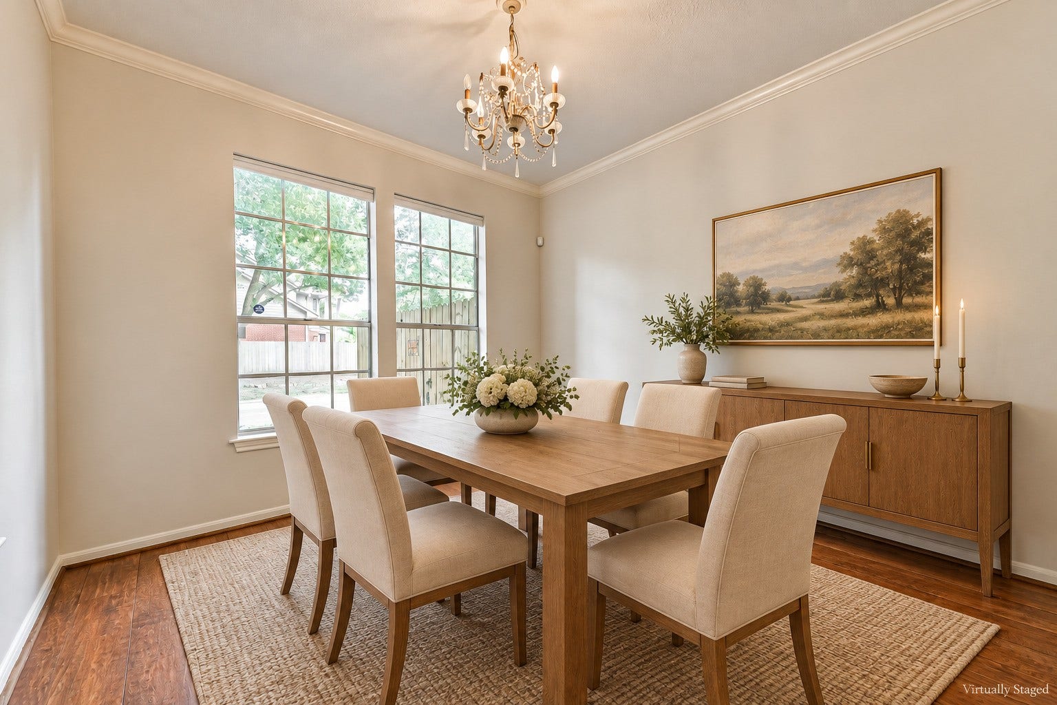 Virtually staged  From holiday dinners to evenings with friends, this dining room offers a dedicated place to gather and linger. Tall windows, crown molding, and a chandelier bring warmth and character to every occasion.