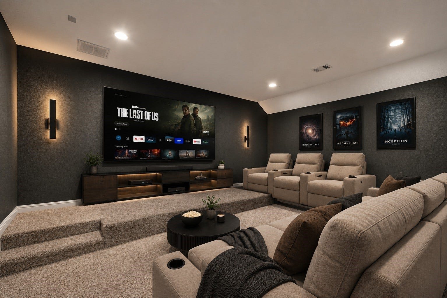 26111 Tintagel Lane, Kingwood, TX 77339 Virtually Stagged - Custom home theater room boasts tiered carpeted seating and dramatic dark walls, ready for the ultimate movie night experience!