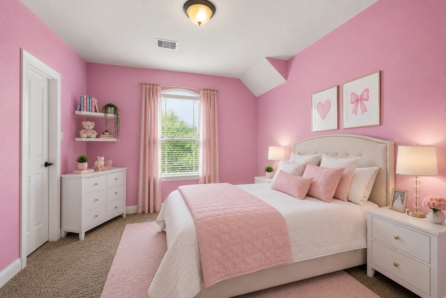 26111 Tintagel Lane, Kingwood, TX 77339 Virtually Stagged - Third bedroom features a charming arched window and vaulted ceiling, a delightful space full of personality and natural light!
