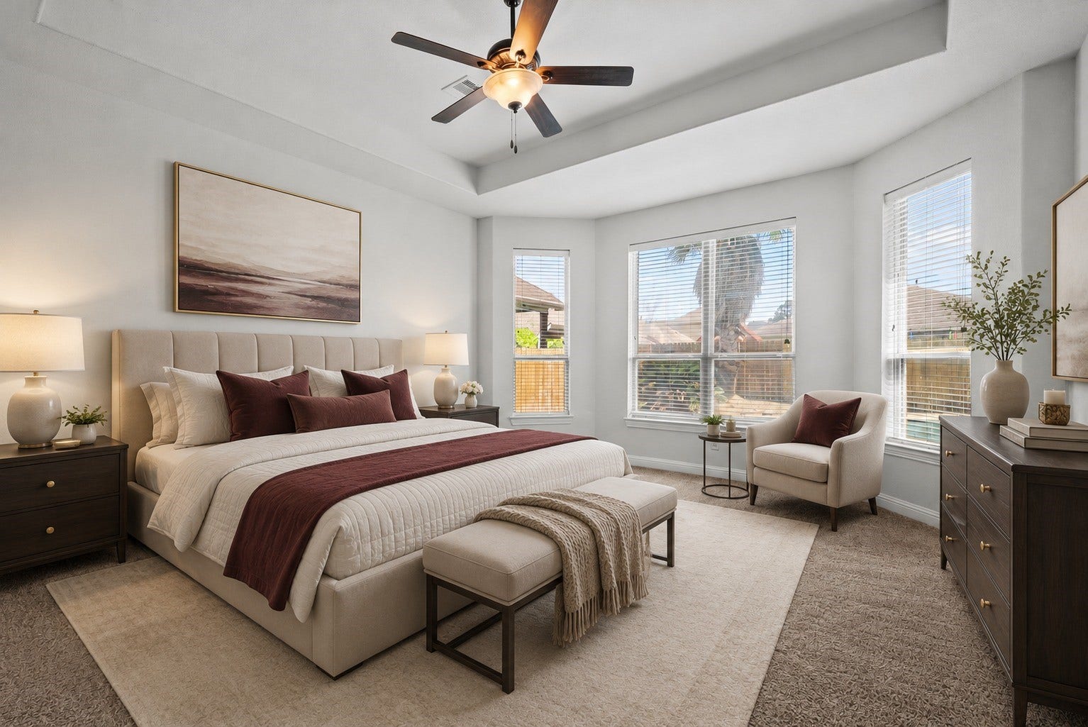 26111 Tintagel Lane, Kingwood, TX 77339 Virtually Stagged - Spacious primary suite features a striking bay window alcove, tray ceiling, and plush carpet, a bright, relaxing retreat to call your own!