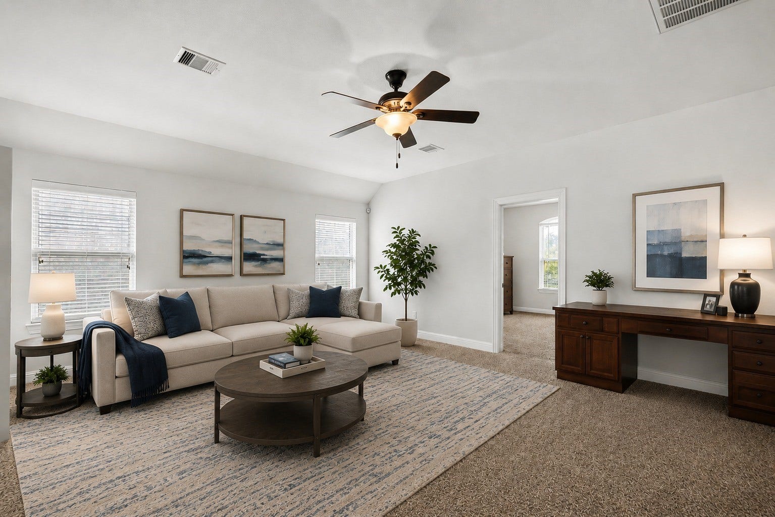26111 Tintagel Lane, Kingwood, TX 77339 Virtually Stagged - Generously sized upstairs bonus room offers cabinetry, plush carpet, and vaulted ceilings, ideal as a game room, or office.