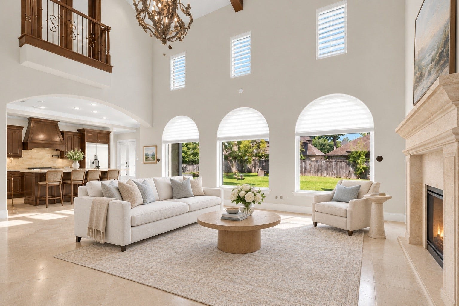 Grand living room with soaring ceilings, fireplace and abundant natural light.