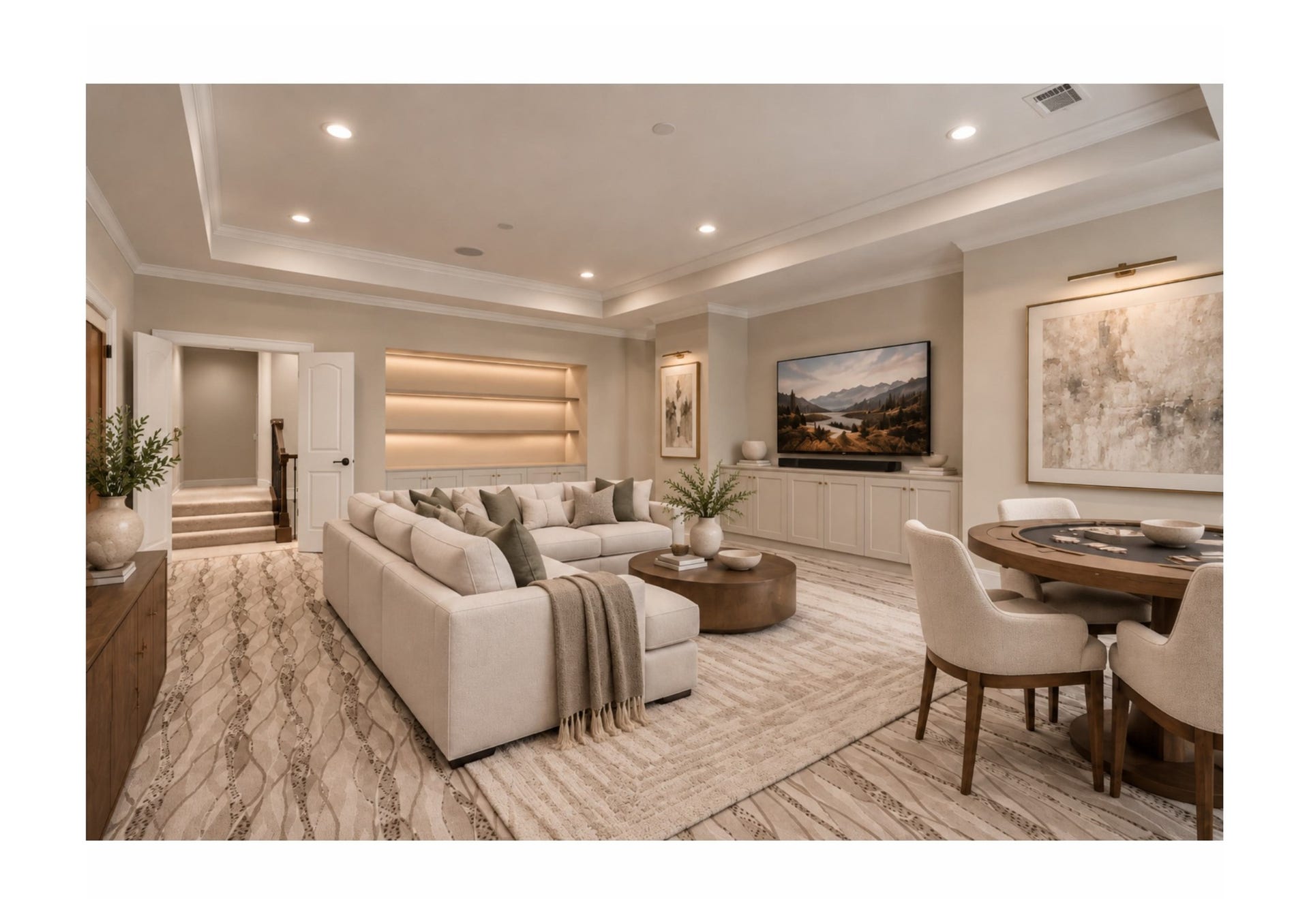 Versatile upstairs flex-game-family room designed for entertaining and relaxation.