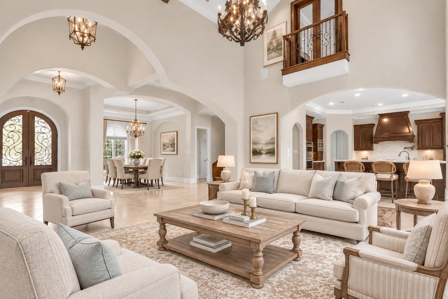 Open-concept living with soaring ceilings and elegant architectural details.