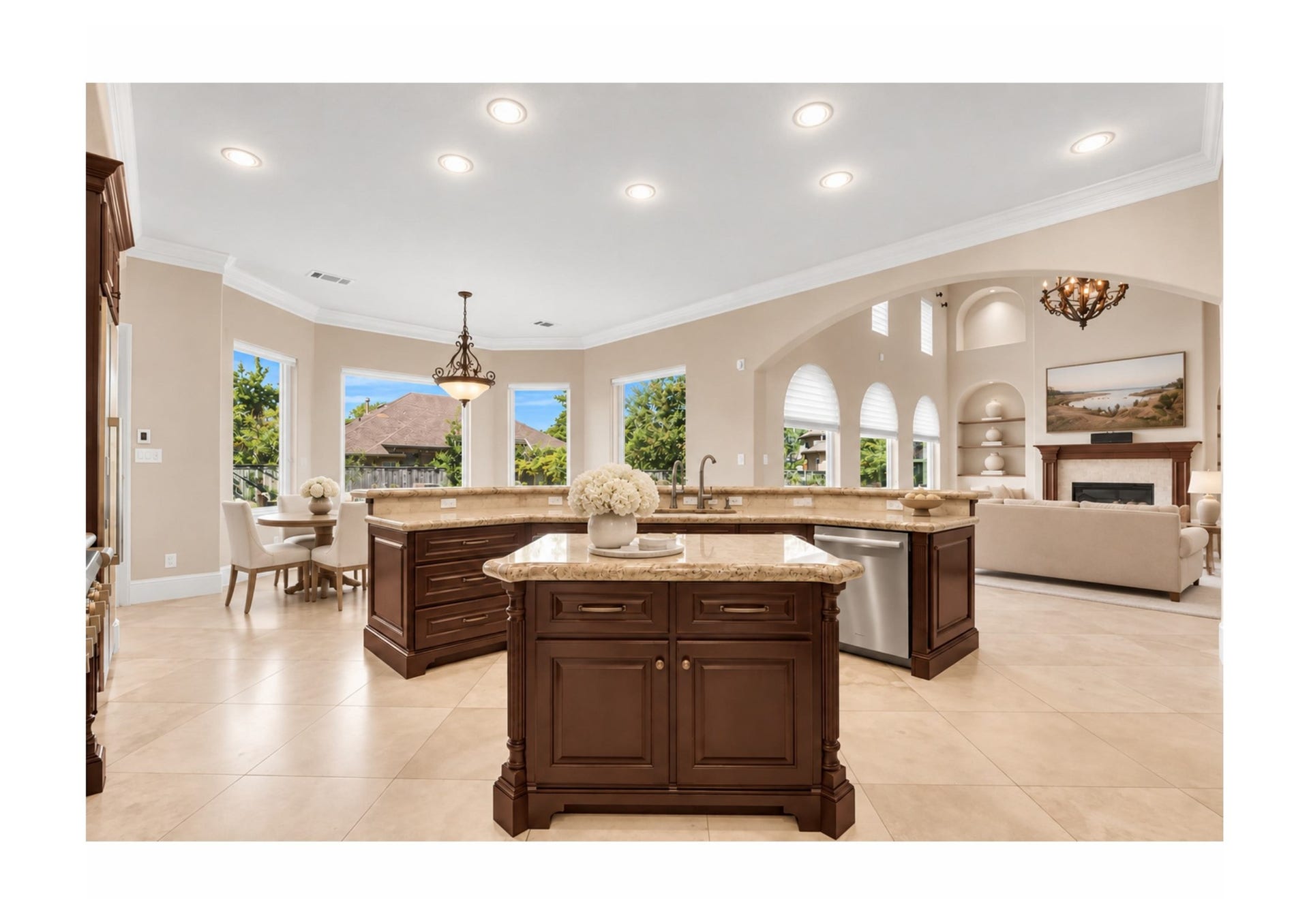 Expansive chefs kitchen opening seamlessly to the living and breakfast areas.