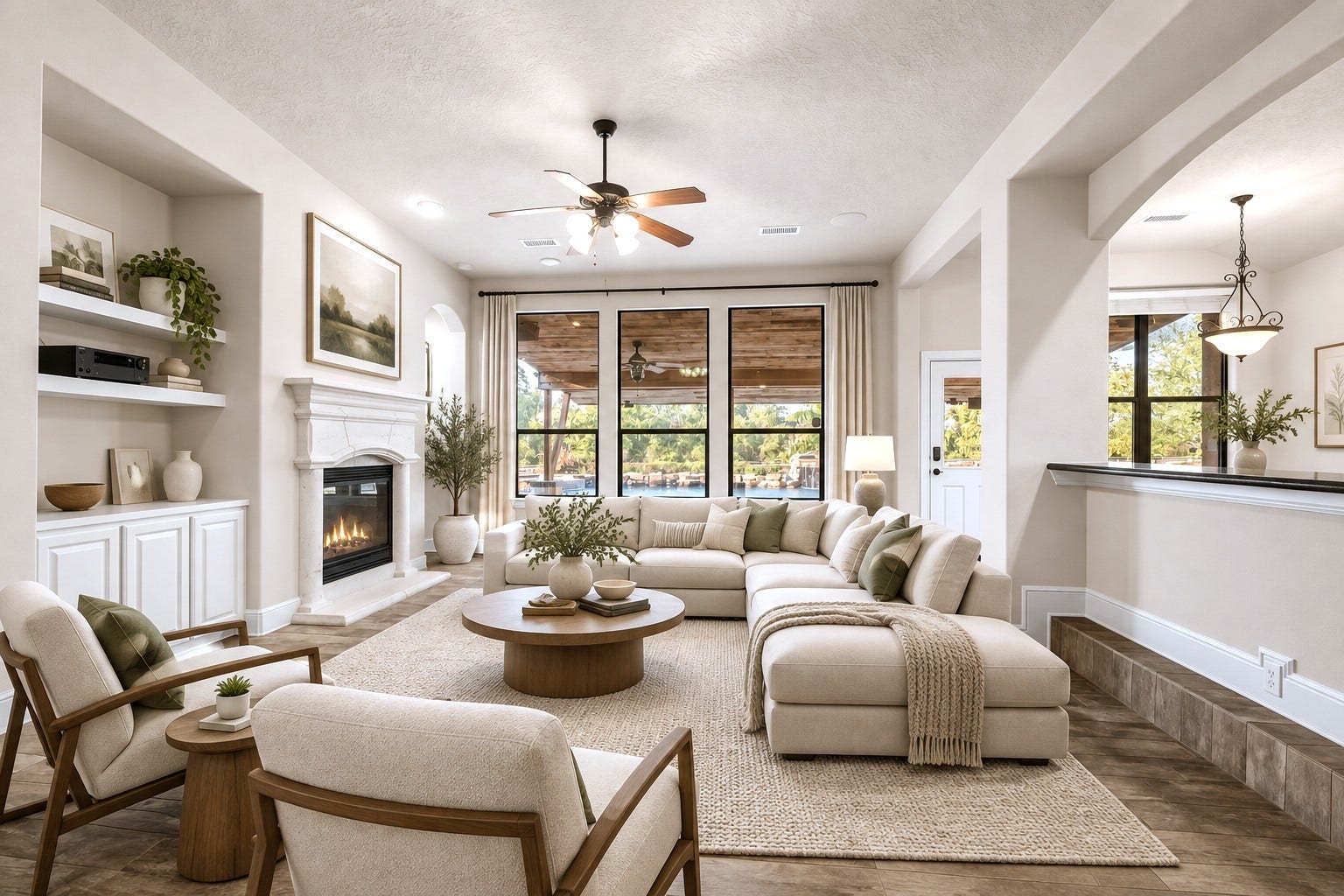 22078 Stone Creek Lane, Montgomery, TX 77316 A Living Room Designed to Impress! This gorgeous, light-filled living space features a beautiful fireplace, custom built-ins, and expansive windows overlooking the backyard oasis! The open-concept design flows effortlessly into the kitchen, making it perfect for everyday living and entertaining. Virtually staged to showcase the room's incredible potential!