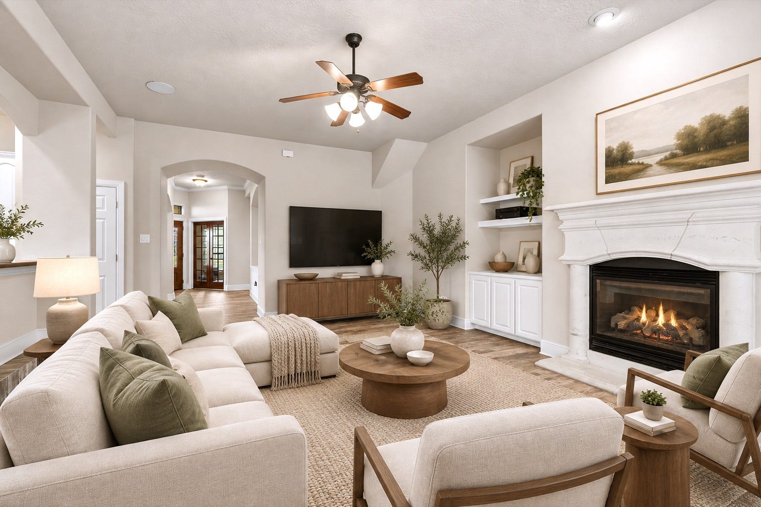 22078 Stone Creek Lane, Montgomery, TX 77316 The Heart of the Home! This spacious living room offers the perfect blend of comfort and elegance, featuring a stunning fireplace with an ornate mantel, custom built-ins, gorgeous wood-look tile flooring, and plenty of room to gather! Whether hosting guests or enjoying a cozy night in, this inviting space was designed for making memories. Virtually staged to showcase the room's potential.
