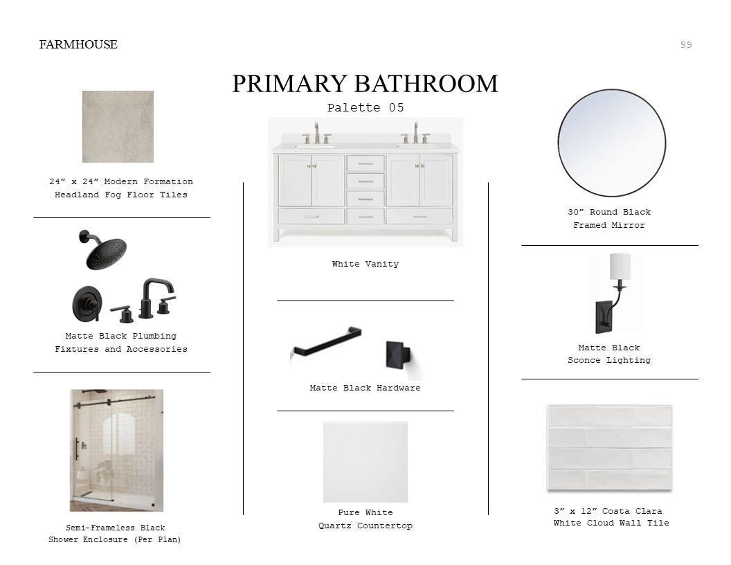 Farmhouse Look Palette 5: Primary Bathroom Selection Sheet (*Artist rendering used for illustration purposes only.)