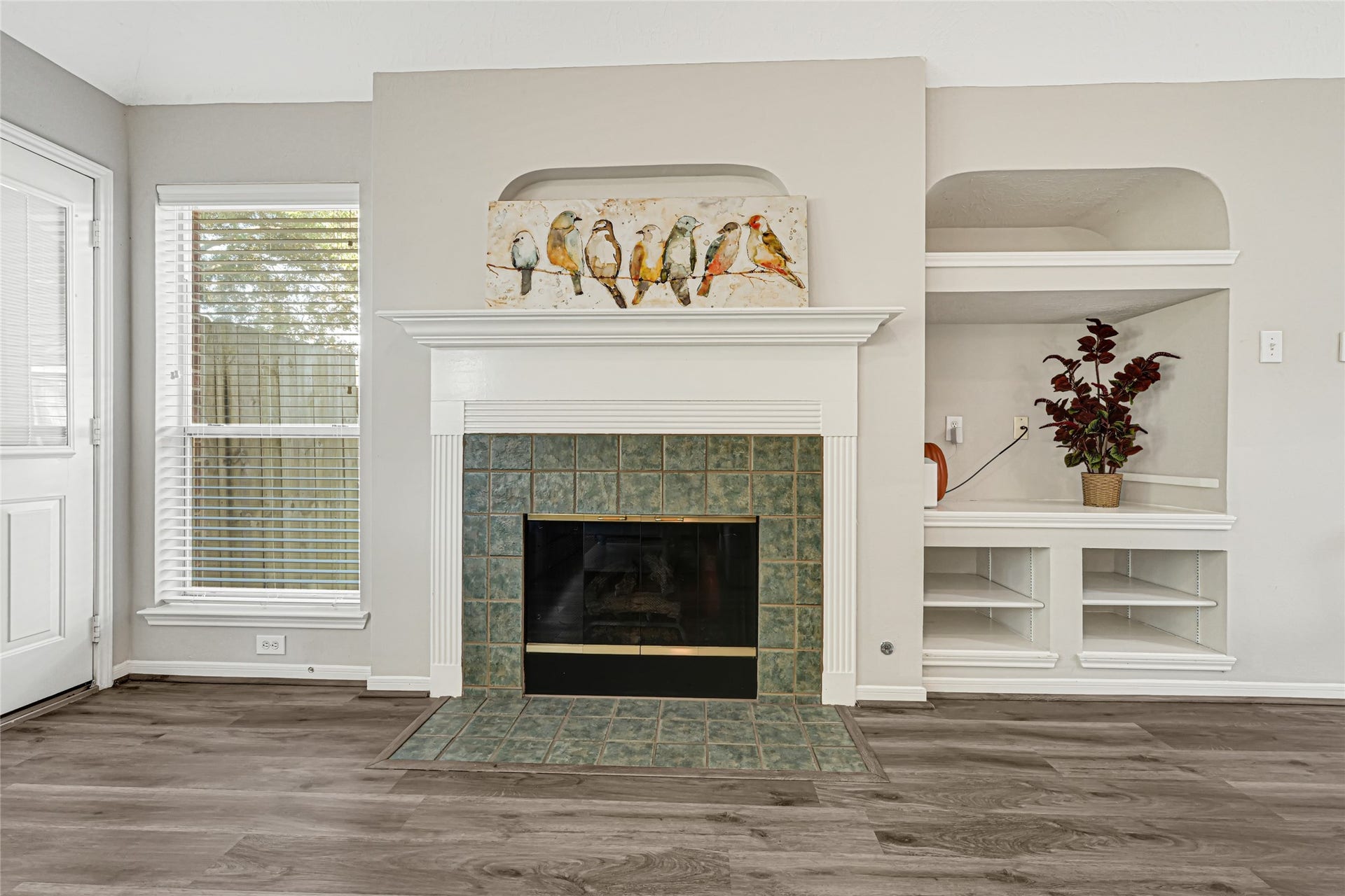 804 Cherry Blossom Drive, League City, TX 77573 gas fireplace with built in shelving