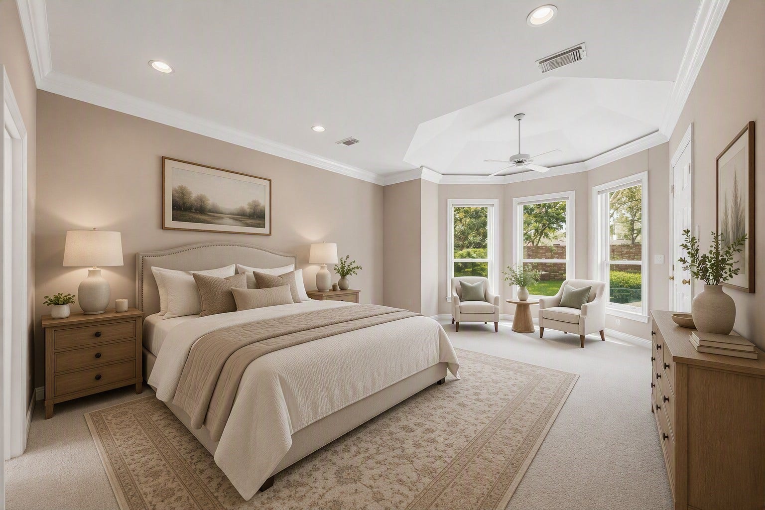 The spacious downstairs primary bedroom. Virtually staged.  A serene sitting area and access to the backyard and pool.