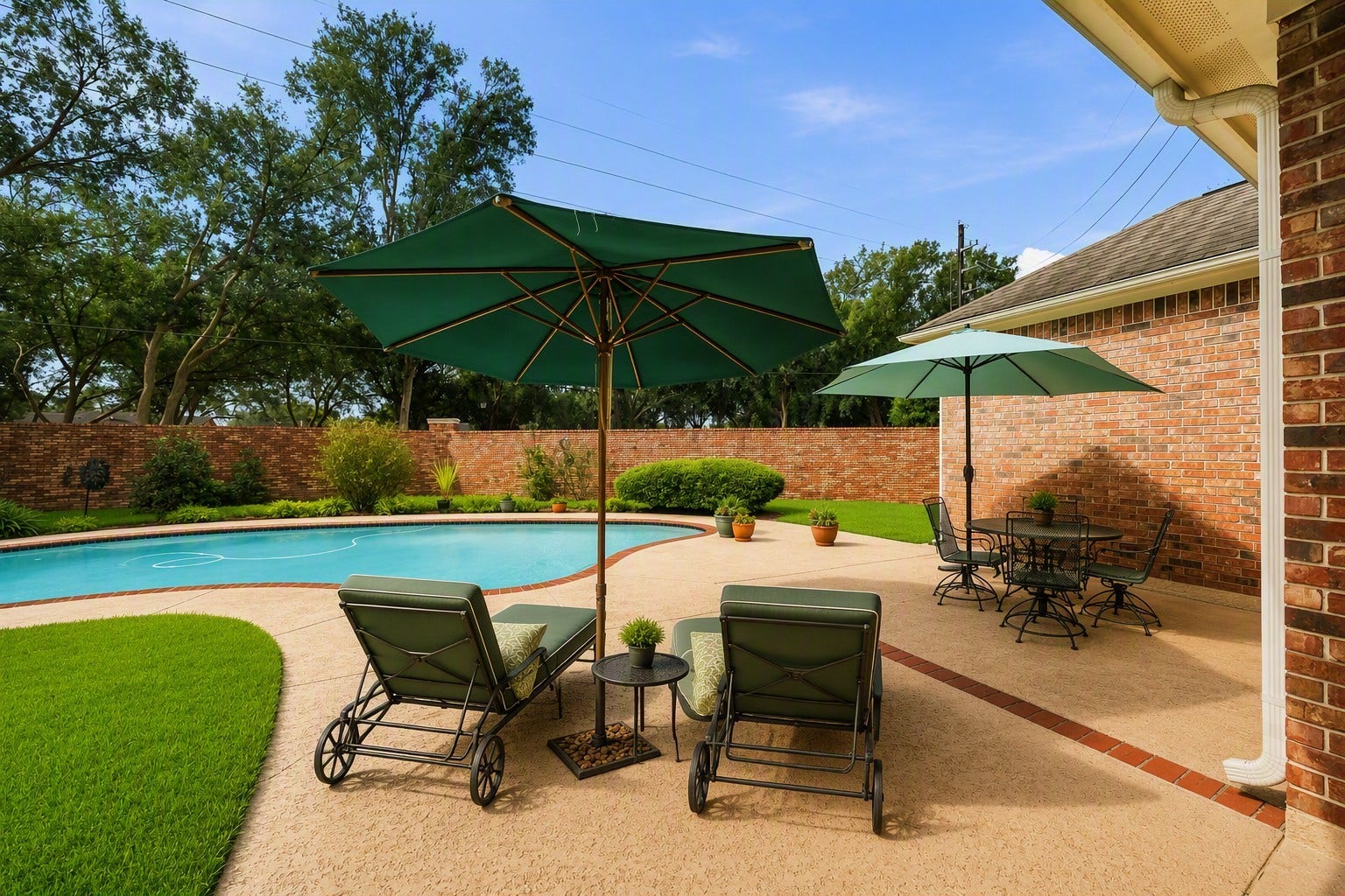Just outside of the breakfast area--the lovely pool with Spraycrete decking. The perfect patio for outdoor entertaining or dining al fresco. Some furnishing virtually staged.