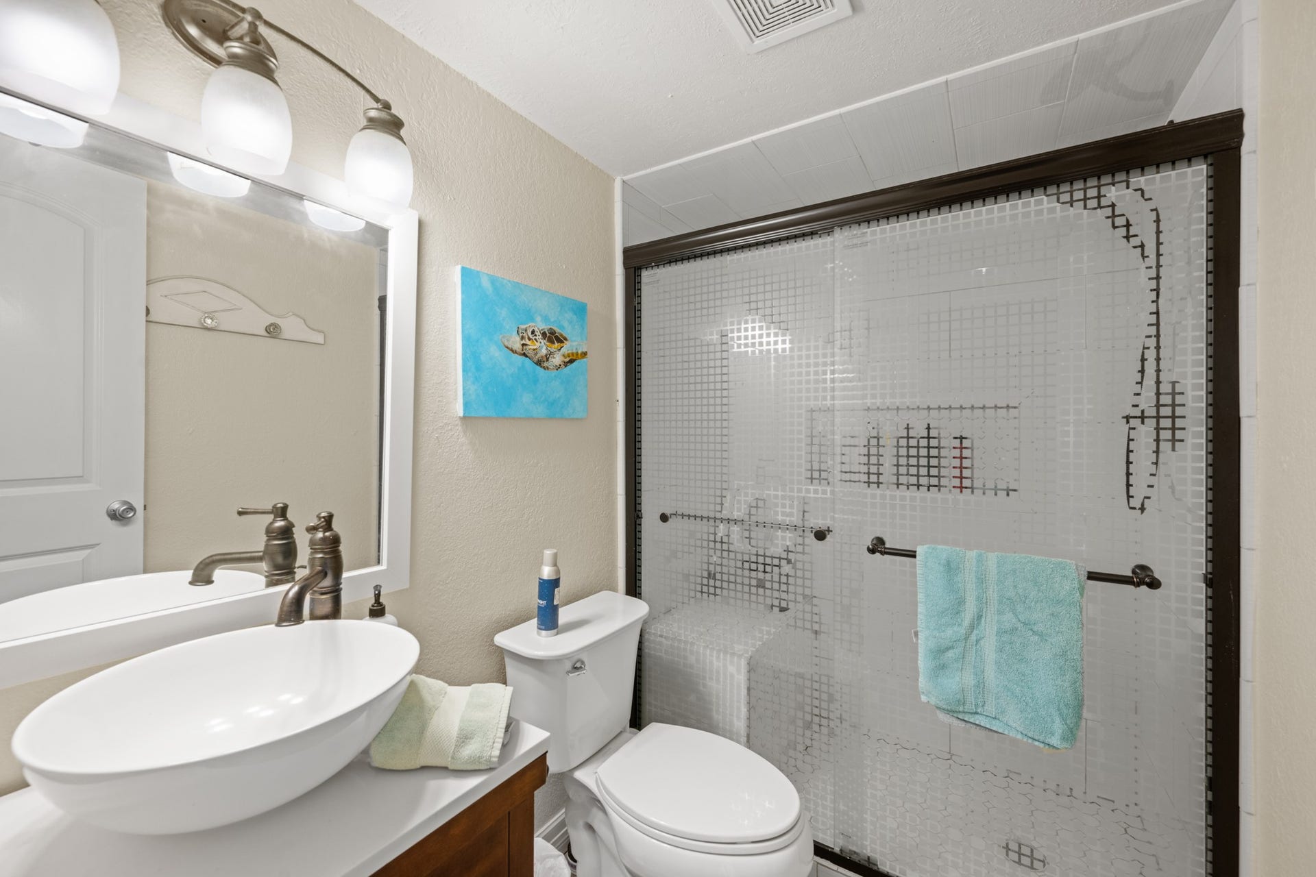 2215 Avenue Q, Santa Fe, TX 77510 Stylish bathroom features a contemporary vessel sink, brushed-nickel fixtures, and a tub/shower combination with decorative glass sliding doors and tile surround.