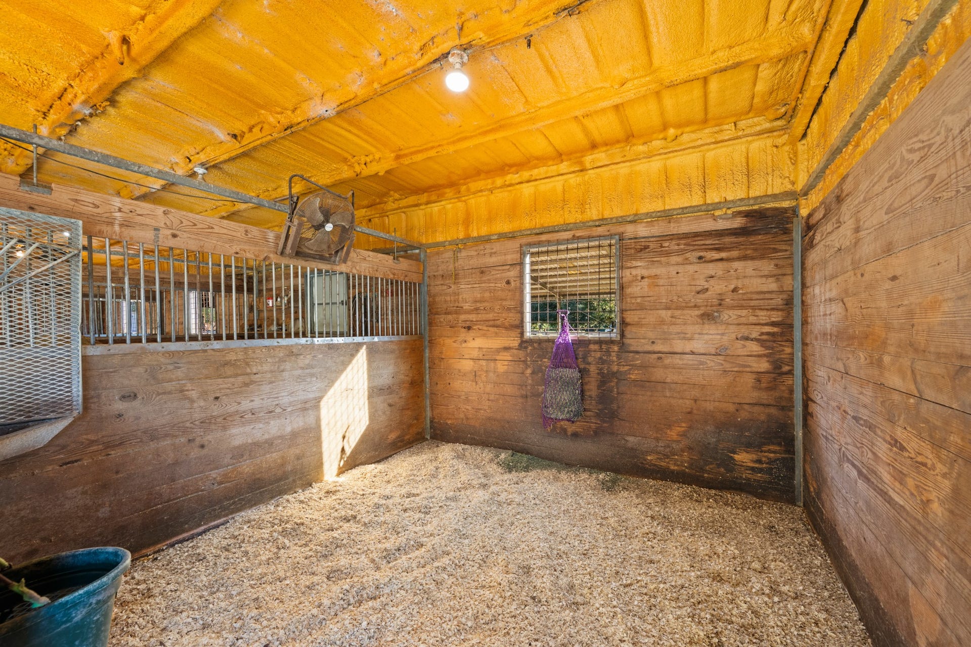 2215 Avenue Q, Santa Fe, TX 77510 Well-appointed horse stall features sturdy wood walls, metal-bar partitions, overhead lighting, and a shavings-covered, rubber matted floor, offering a practical space for equine care.