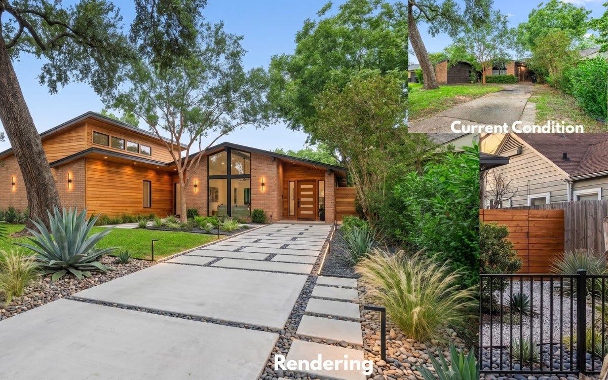 So much potential with this unique mid-century home. RENDERING OF A POSSIBLE REMODELING DESIGN.