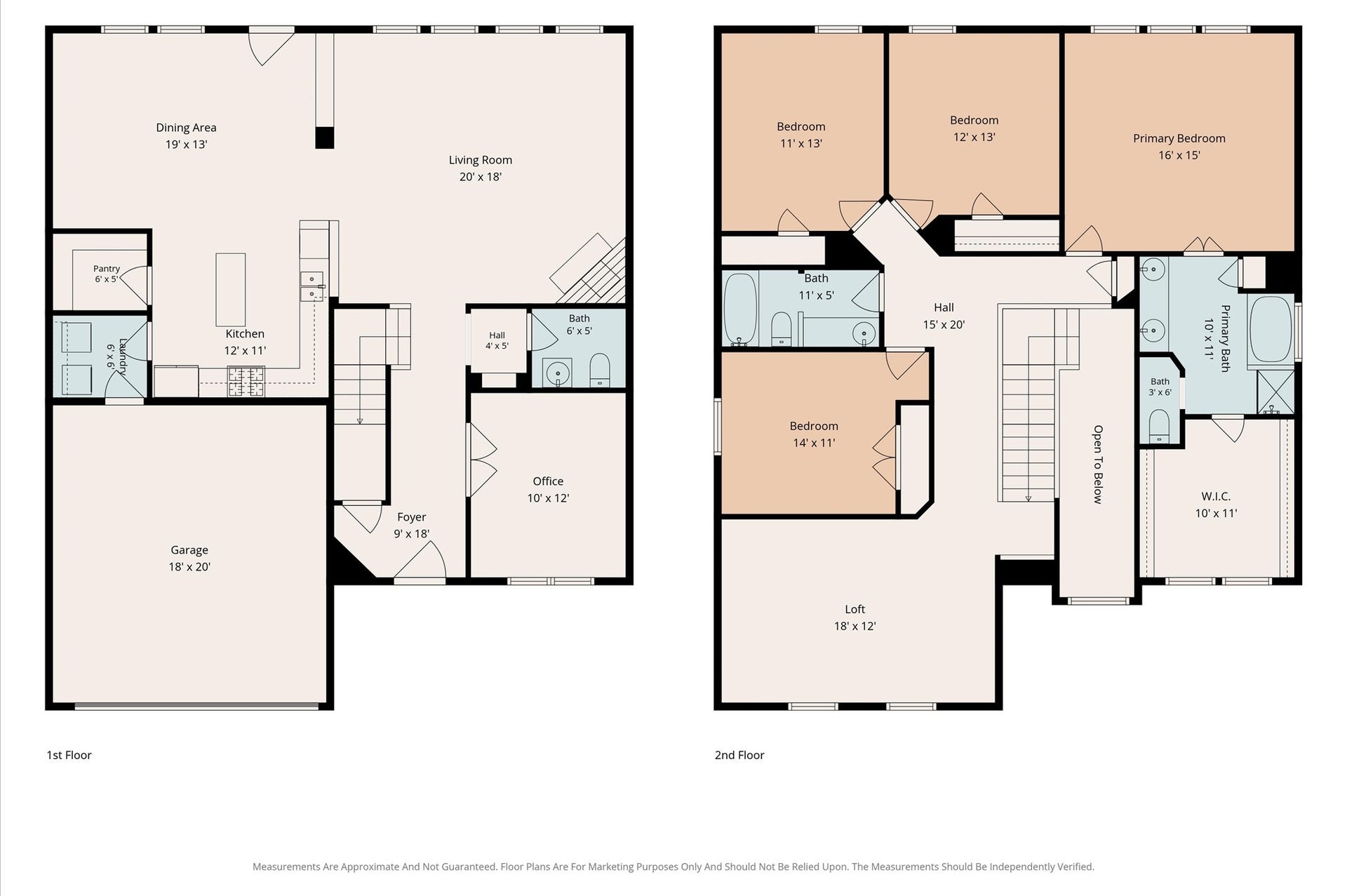 8711 Sandusky Court, Tomball, TX 77375 This floor plan features a spacious two-story layout. The first floor includes an open living and dining area, a kitchen with a pantry, an office, and a half bath. There's also a two-car garage. The second floor offers four bedrooms, two full baths, a loft, and a walk-in closet in the primary bedroom.