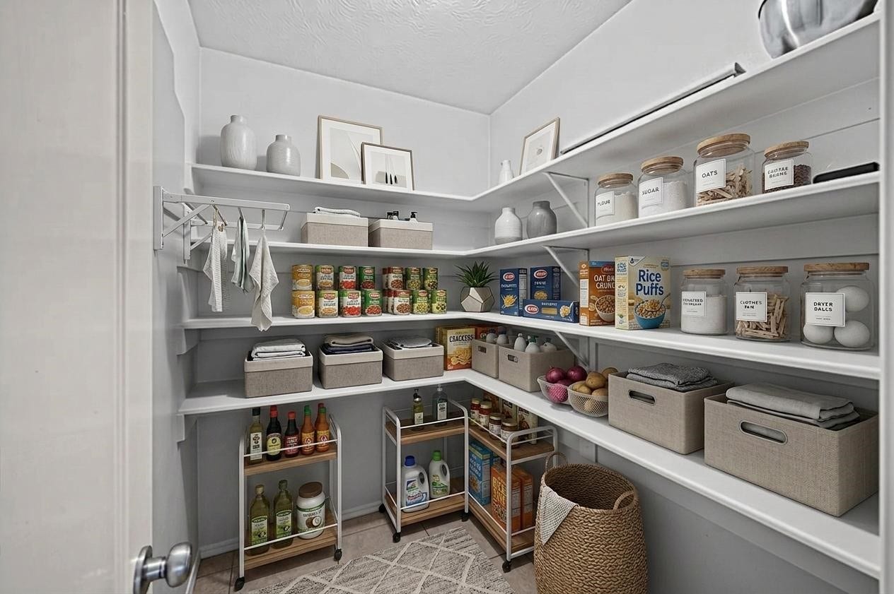 8711 Sandusky Court, Tomball, TX 77375 spacious pantry with white shelves stocked with labeled jars, baskets, canned goods, and pantry essentials. It features a clean, modern design with ample storage space and a tidy appearance.