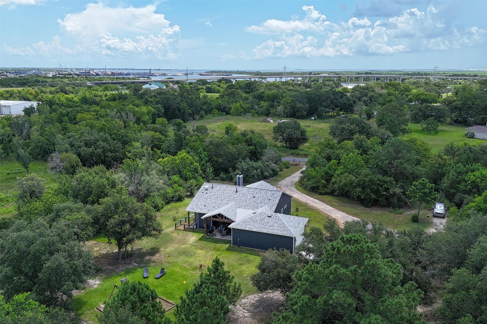 6115 San Leon Drive, Dickinson, TX 77539 Overhead view of the back of home. Close to Galveston Bay!