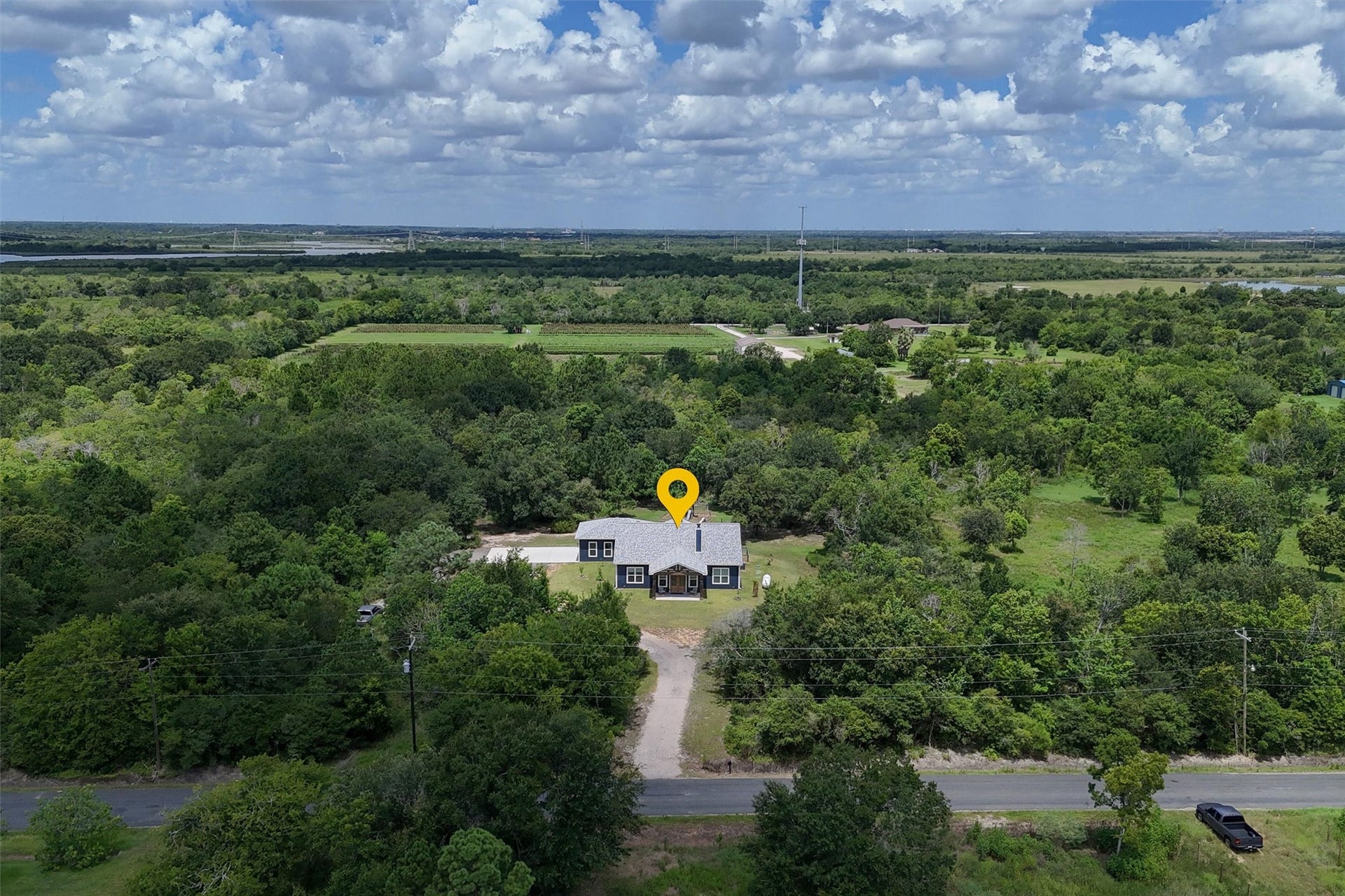 6115 San Leon Drive, Dickinson, TX 77539 Overhead view of the front of the home. Primary backs up to an orchard and Galveston Bay!