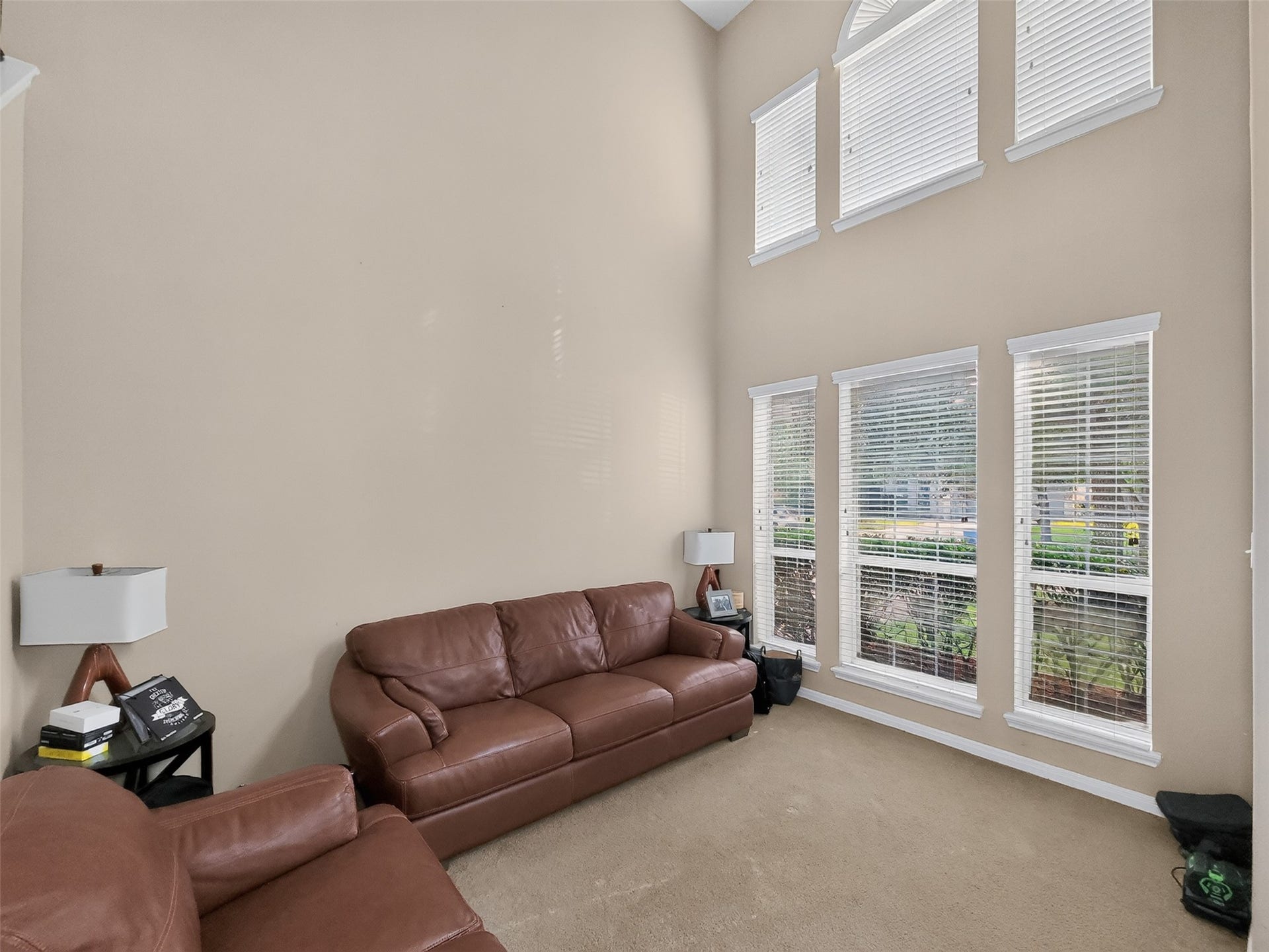 2006 Linden Cove Court, Katy, TX 77494 Spacious living area with soaring ceilings, abundant natural light from large windows, and comfortable leather seating, perfect for relaxation and entertaining.