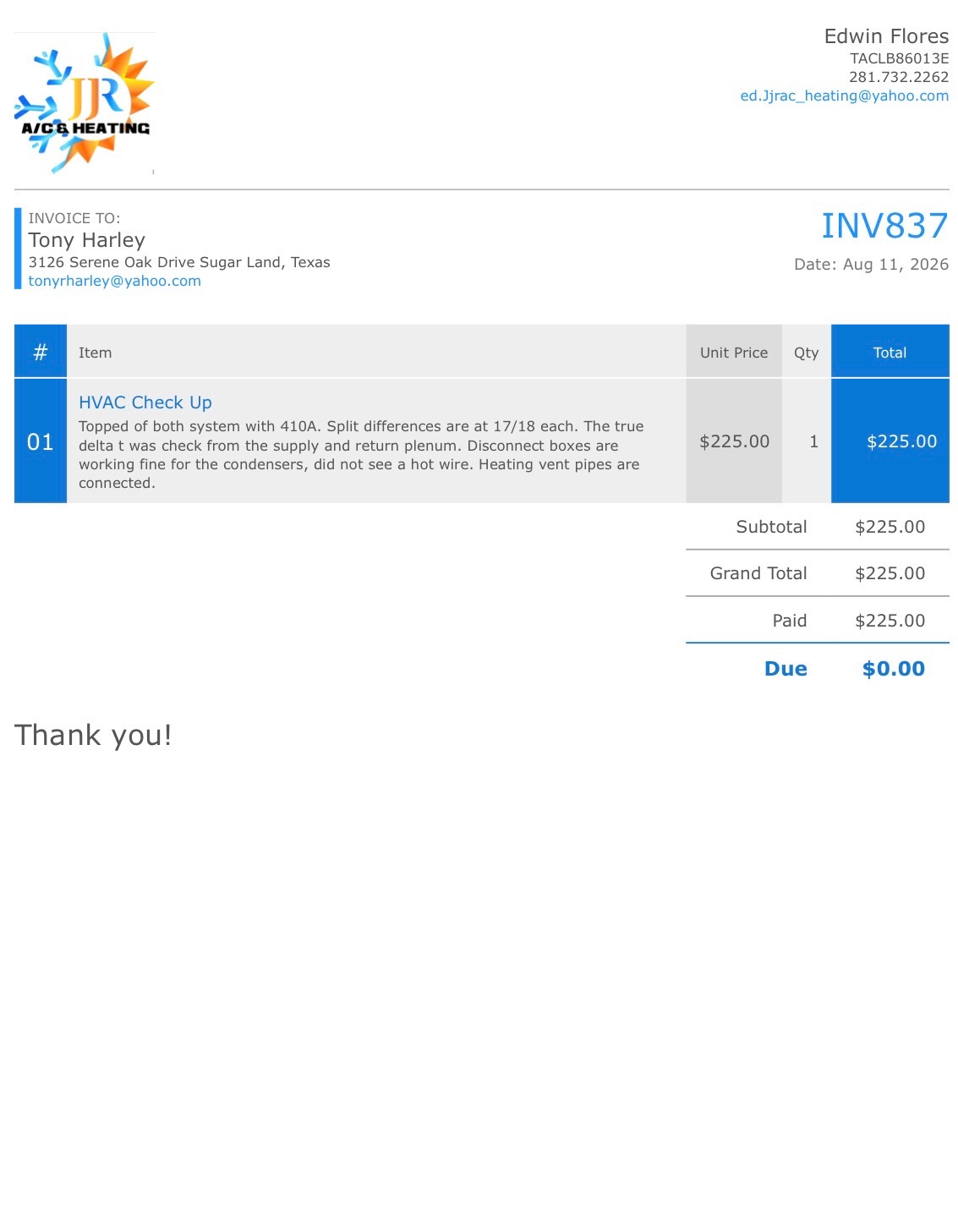 HVAC Receipt