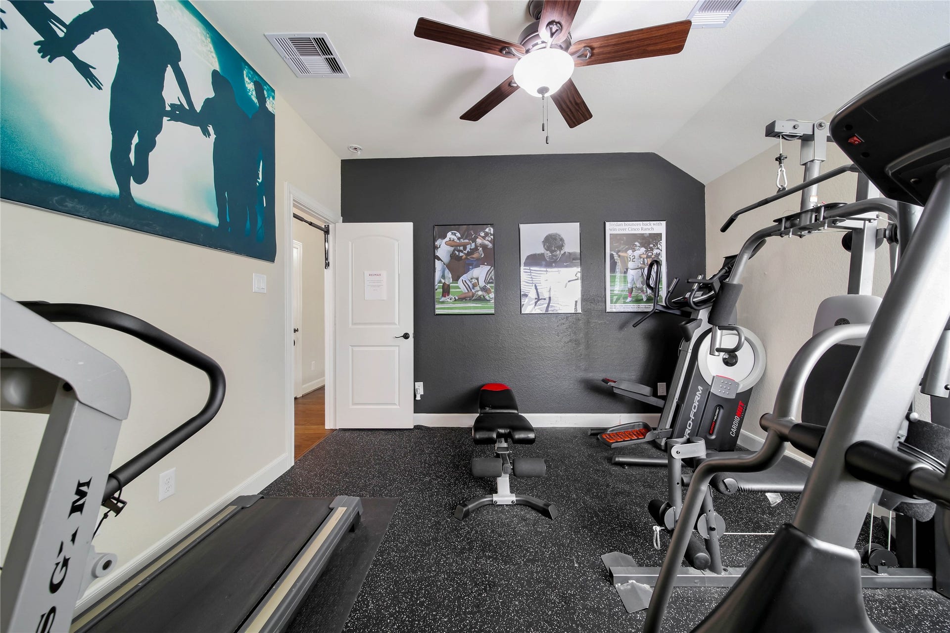 Bedroom #4 is currently being used as a workout room. If Buyer prefers, the flooring can be changed to the same patterned carpet that is in the other bedrooms.