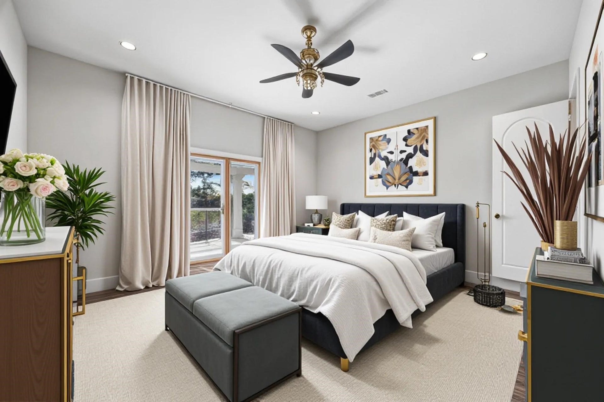 VIRTUALLY STAGED - bedroom 2 upstairs - wake up to beautiful views from the balcony overlooking the lake and golf course