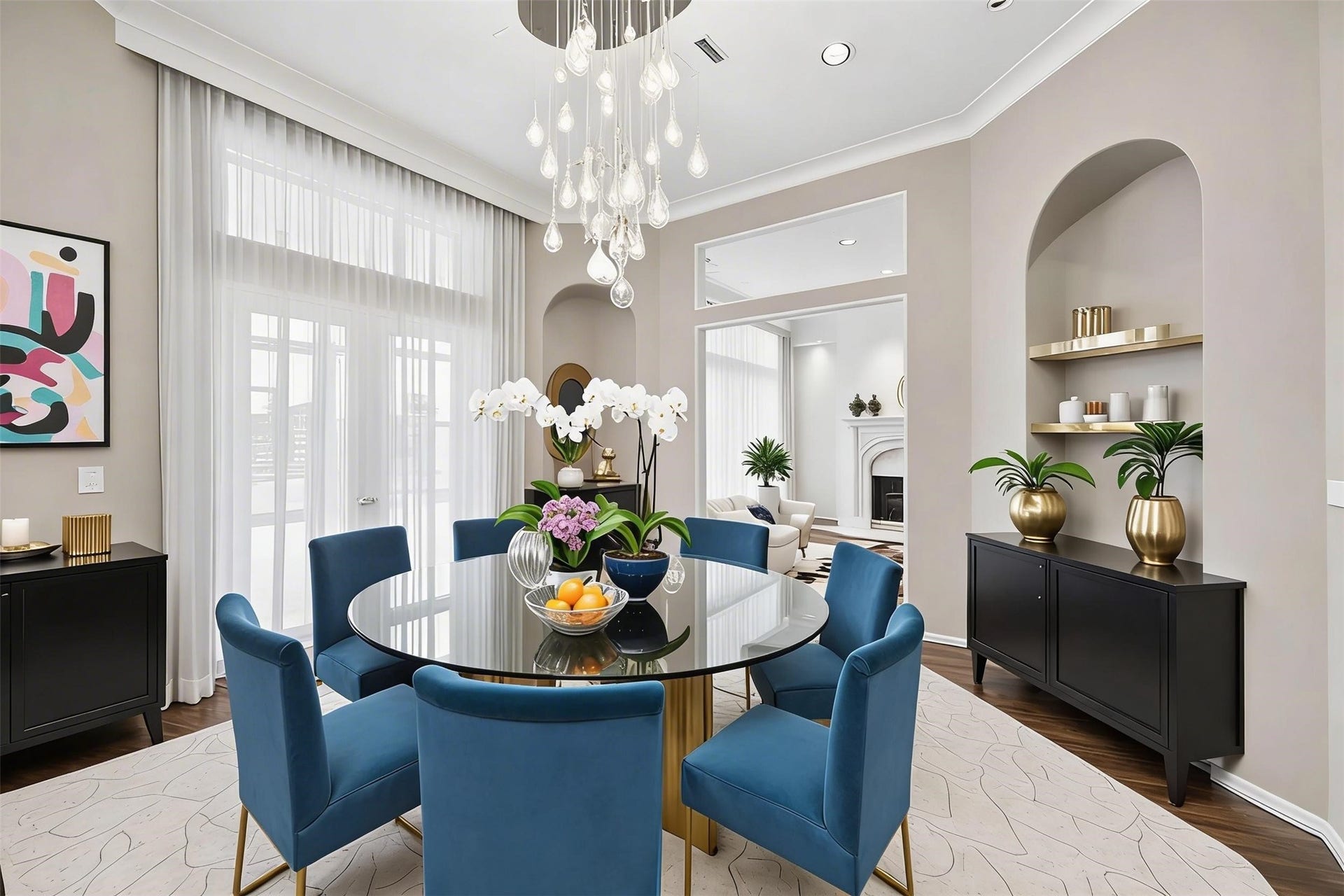 VIRTUALLY STAGED - formal dining room with French doors leading to the covered terrace - ideal for flow when entertaining indoors and outside