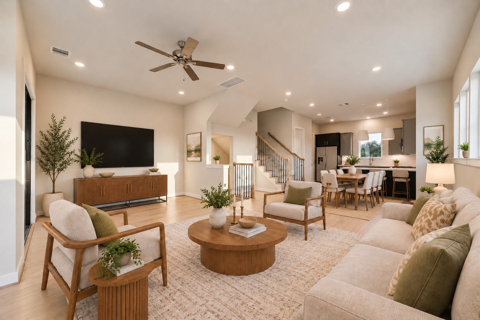 Digitally staged open-concept living area showcasing a warm, neutral furniture layout with defined living and dining spaces, TV wall, high ceilings, recessed lighting, and seamless flow into the kitchen.
